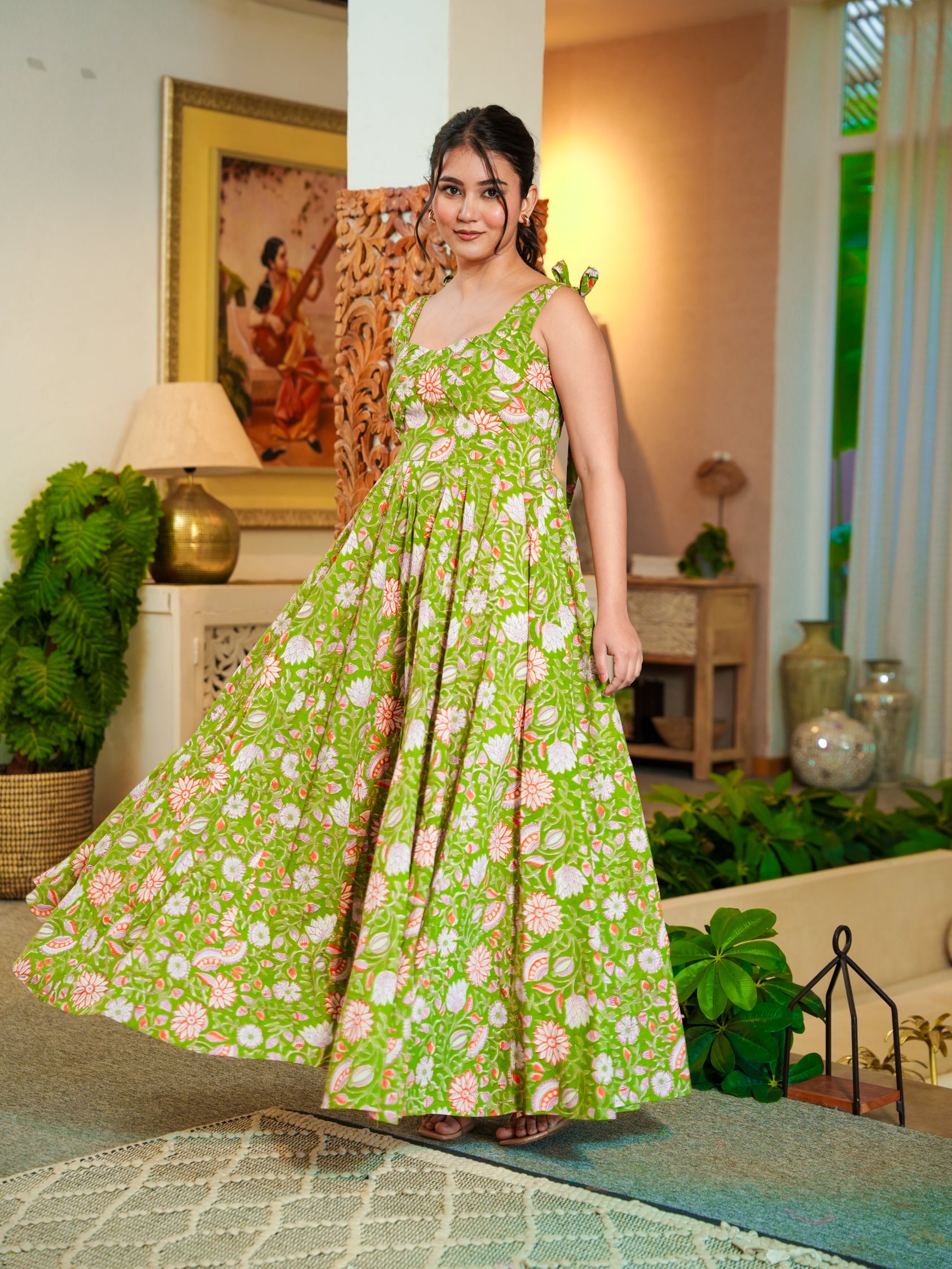 Green Deep back Floral Cotton Dress