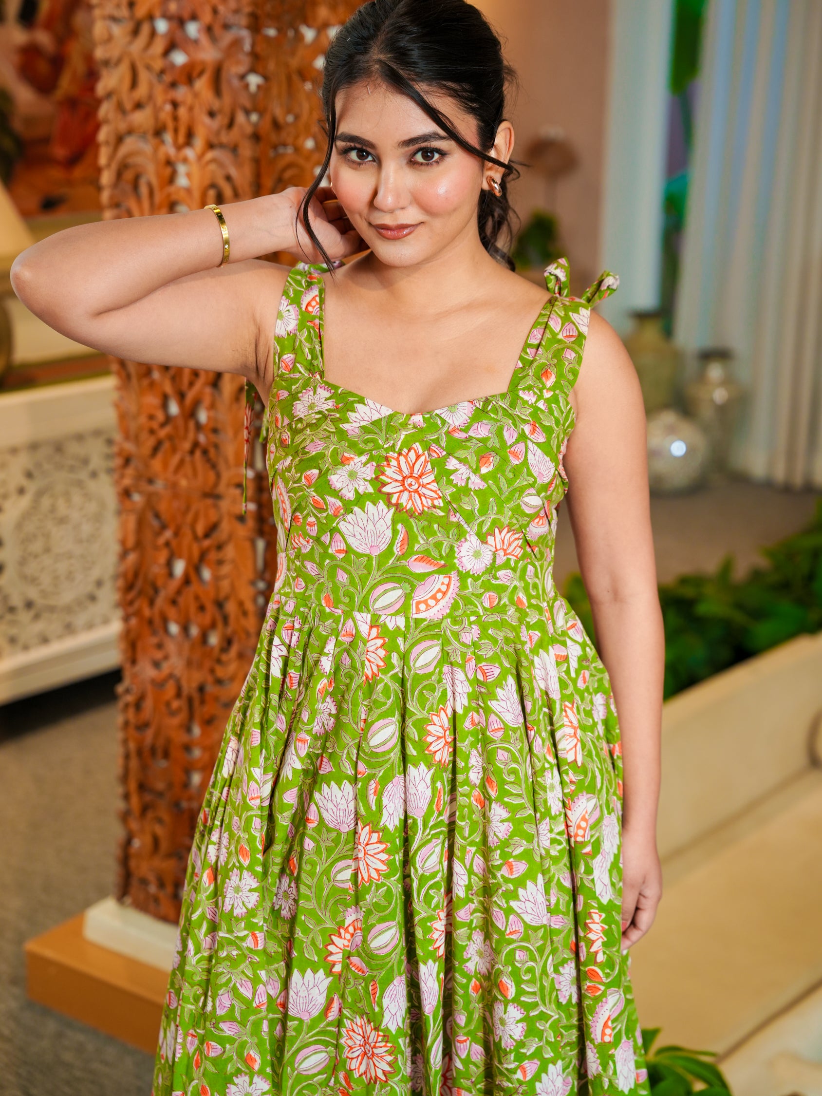 Green Deep back Floral Cotton Dress
