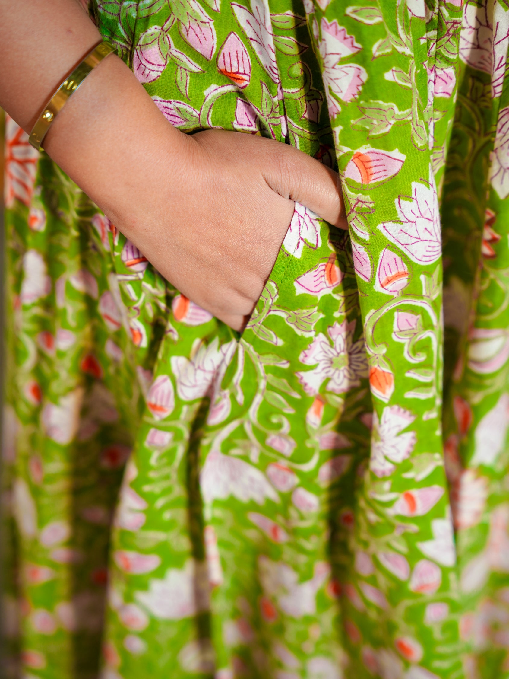Green Deep back Floral Cotton Dress