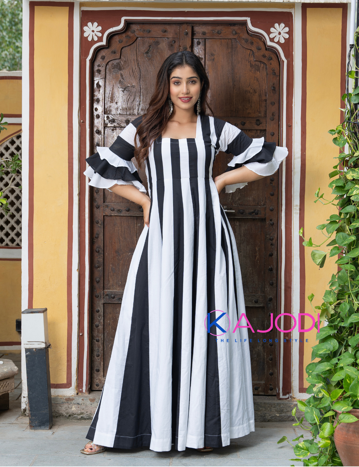 Black White Combo Long Dress