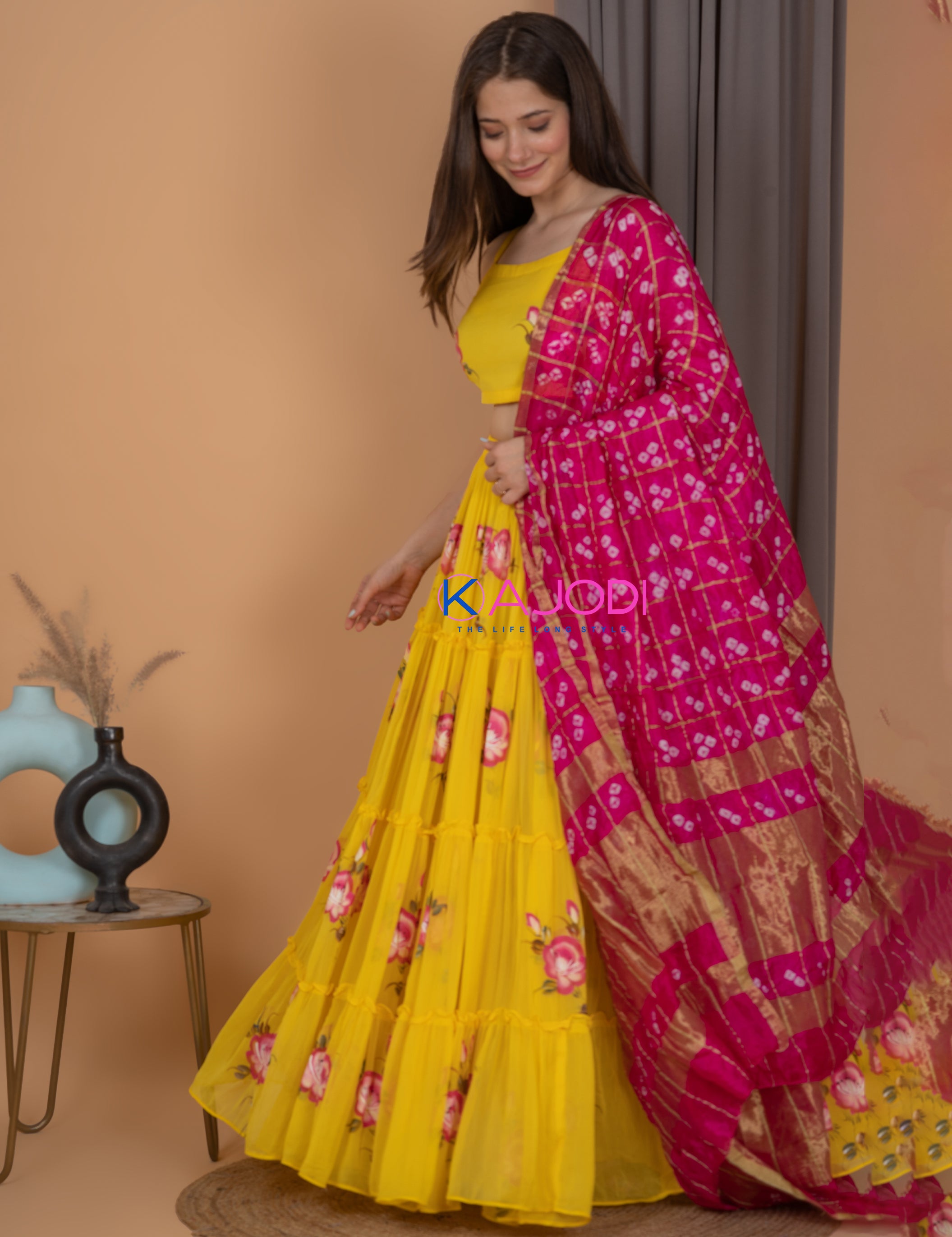 Yellow Starling Chiffon Hand Painted Dress.