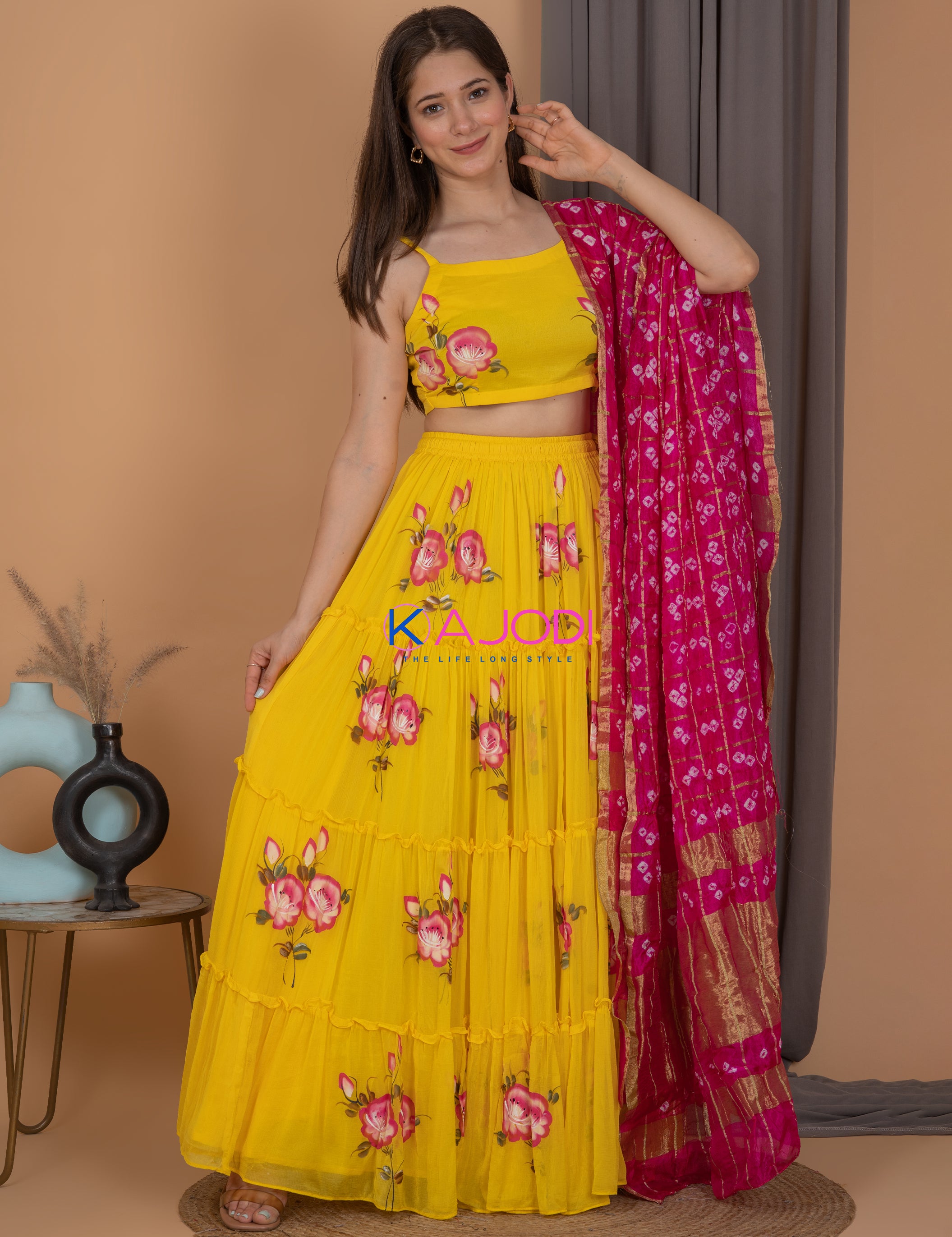 Yellow Starling Chiffon Hand Painted Dress.