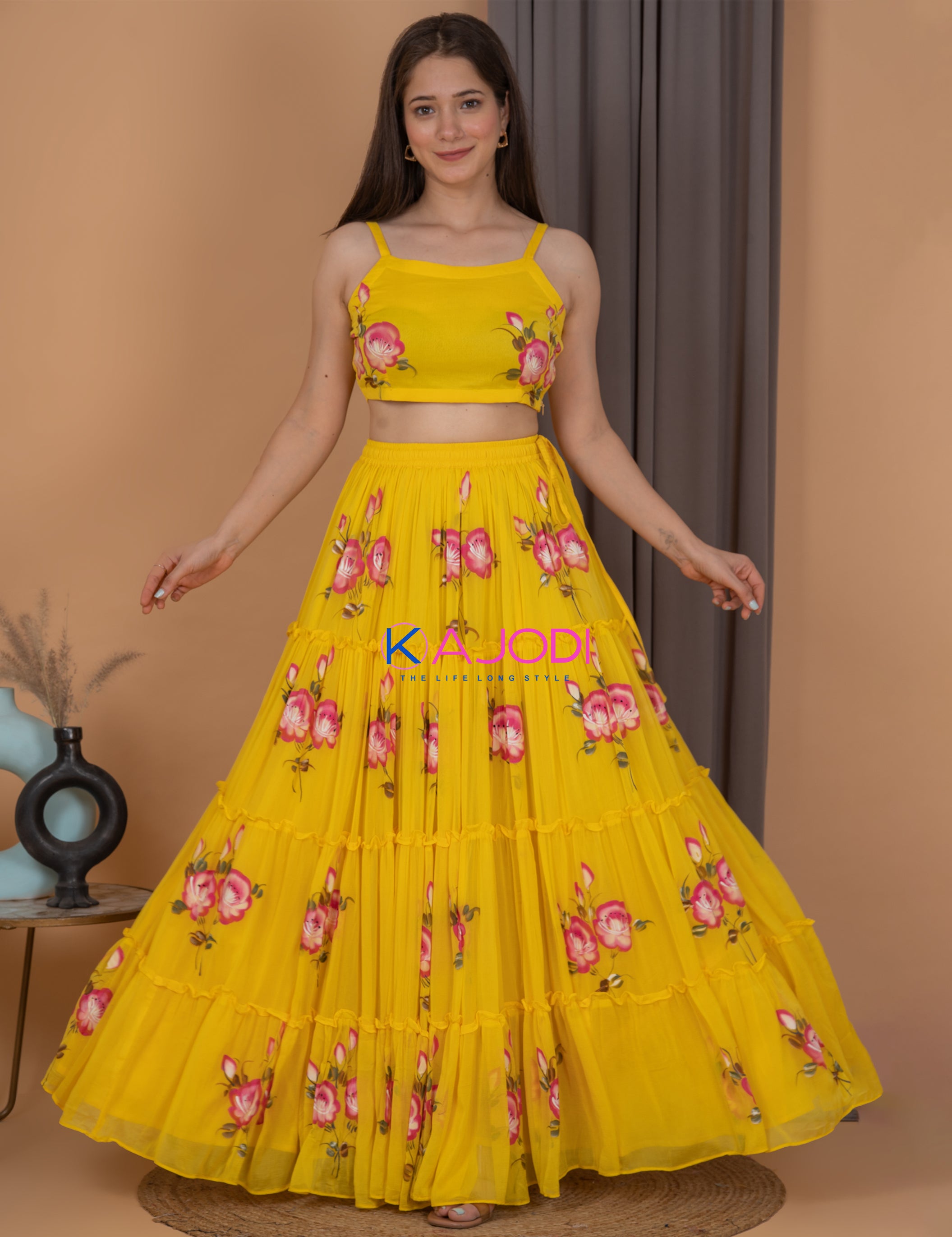 Yellow Starling Chiffon Hand Painted Dress.