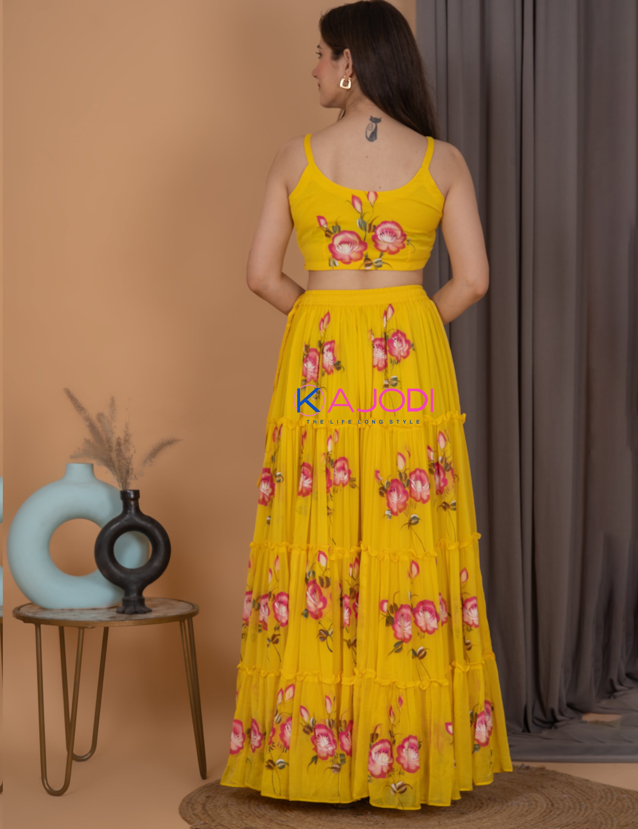 Yellow Starling Chiffon Hand Painted Dress.