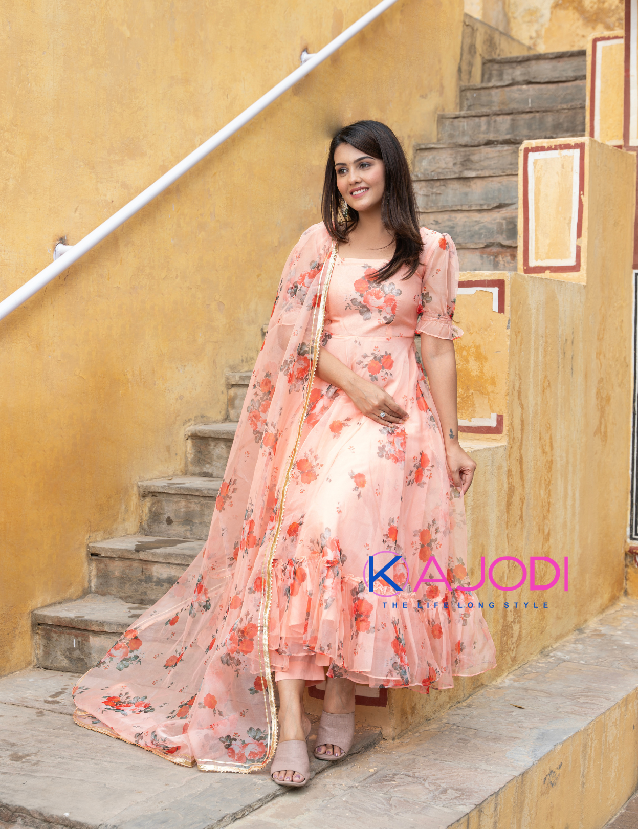 Orange Organza Anarkali Suit Set