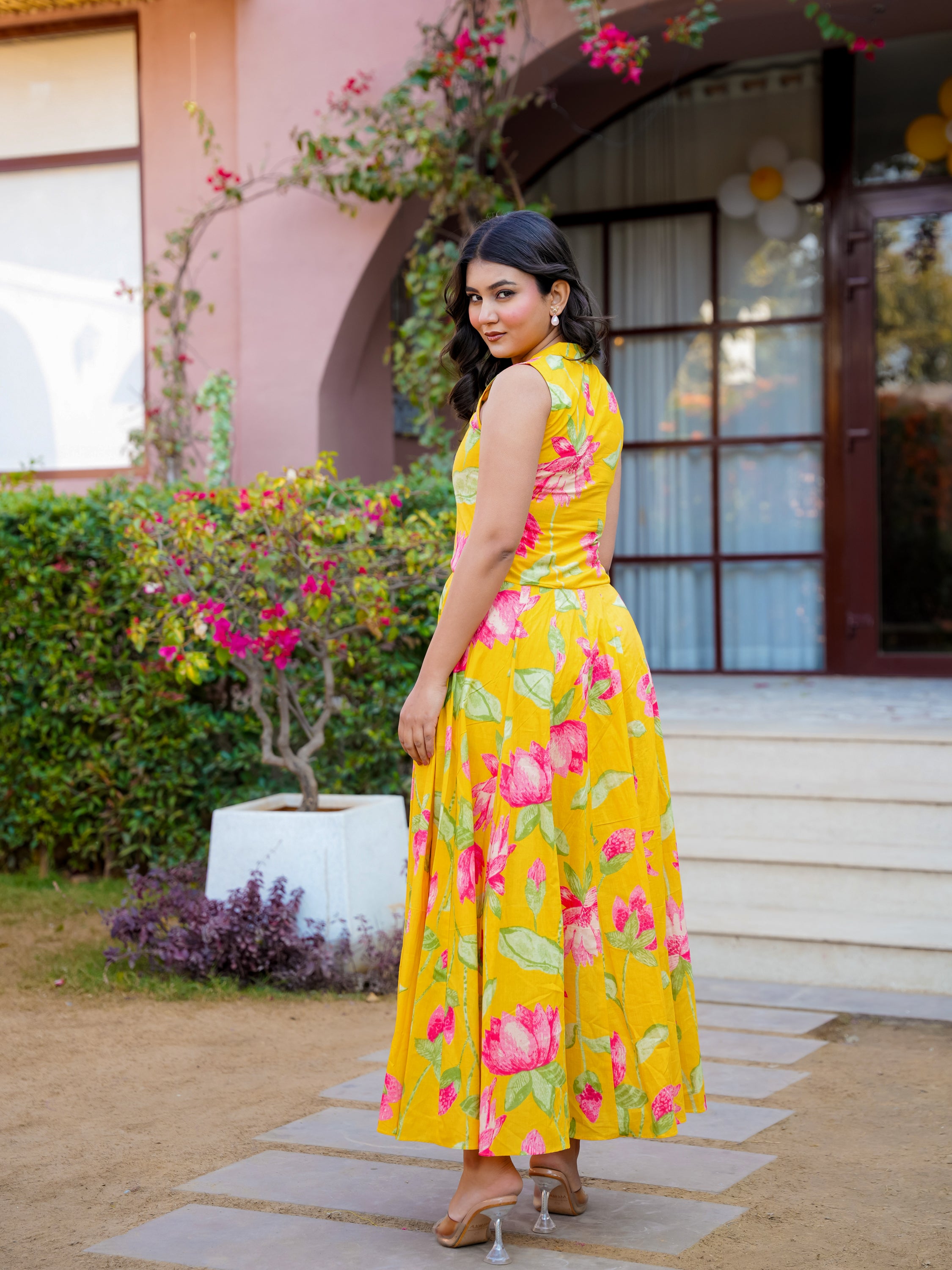 Yellow Pink Floral Cotton Dress