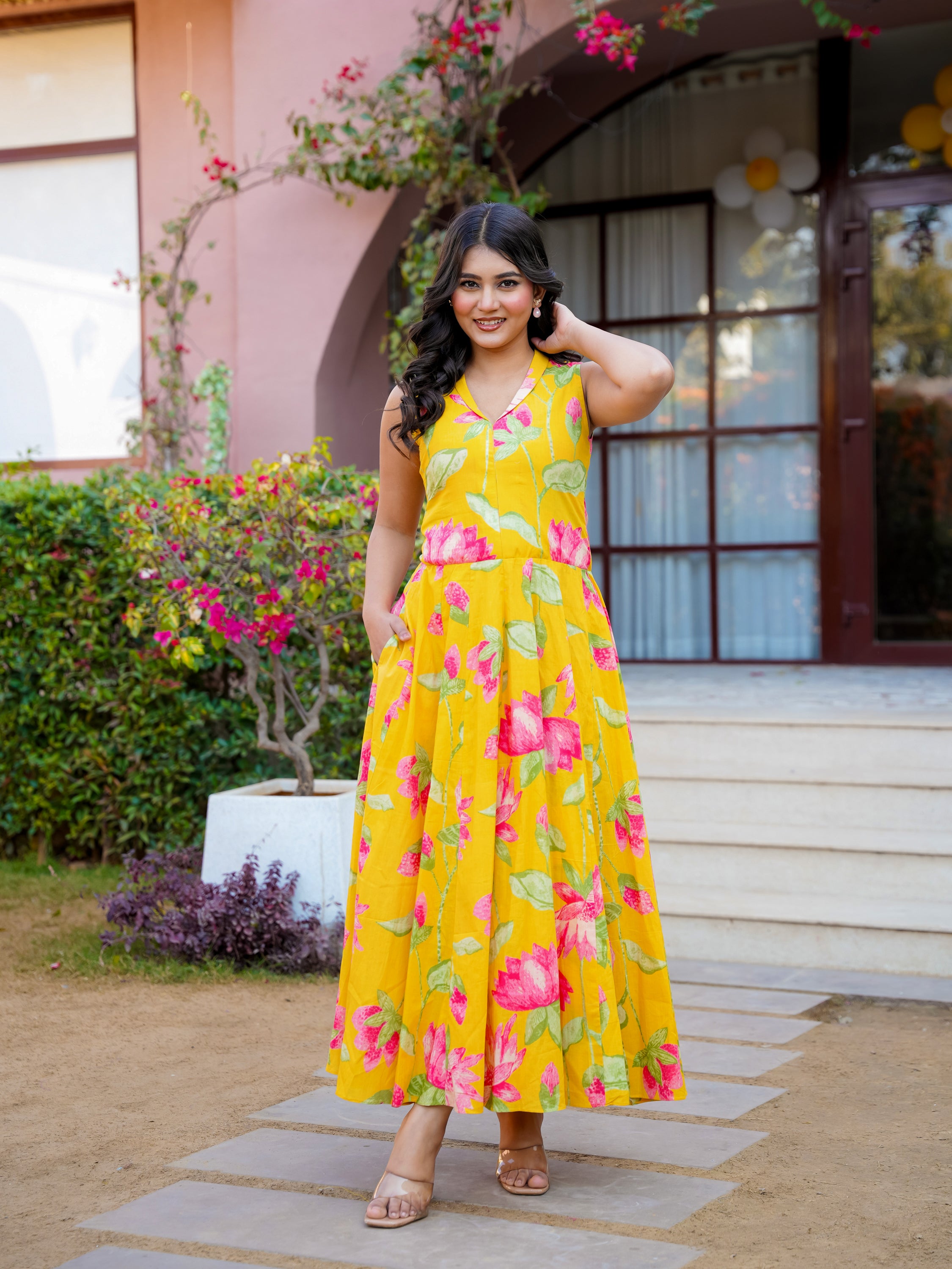 Yellow Pink Floral Cotton Dress