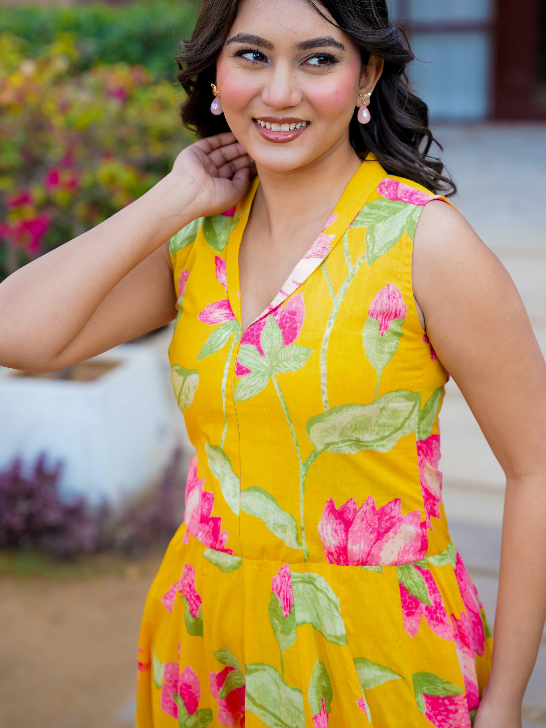 Yellow Pink Floral Cotton Dress