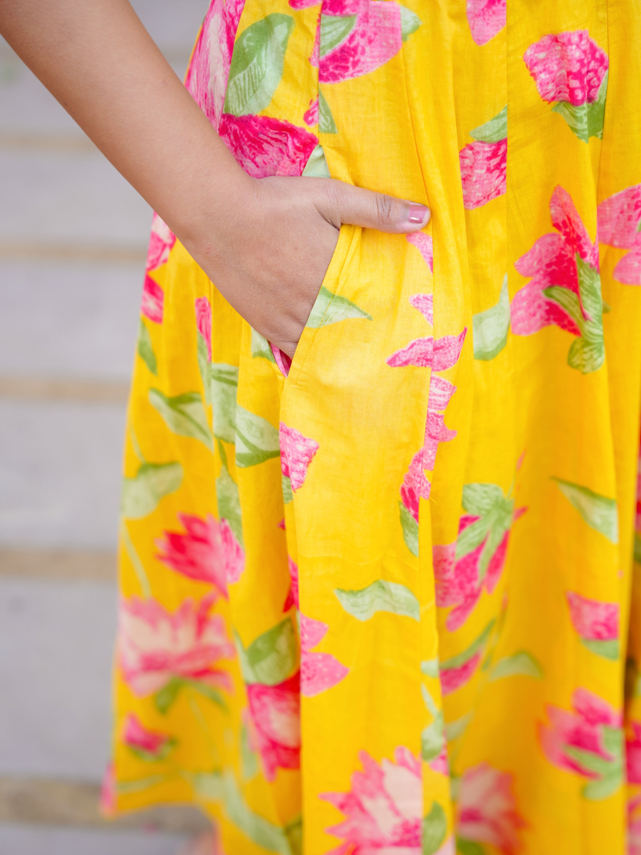 Yellow Pink Floral Cotton Dress