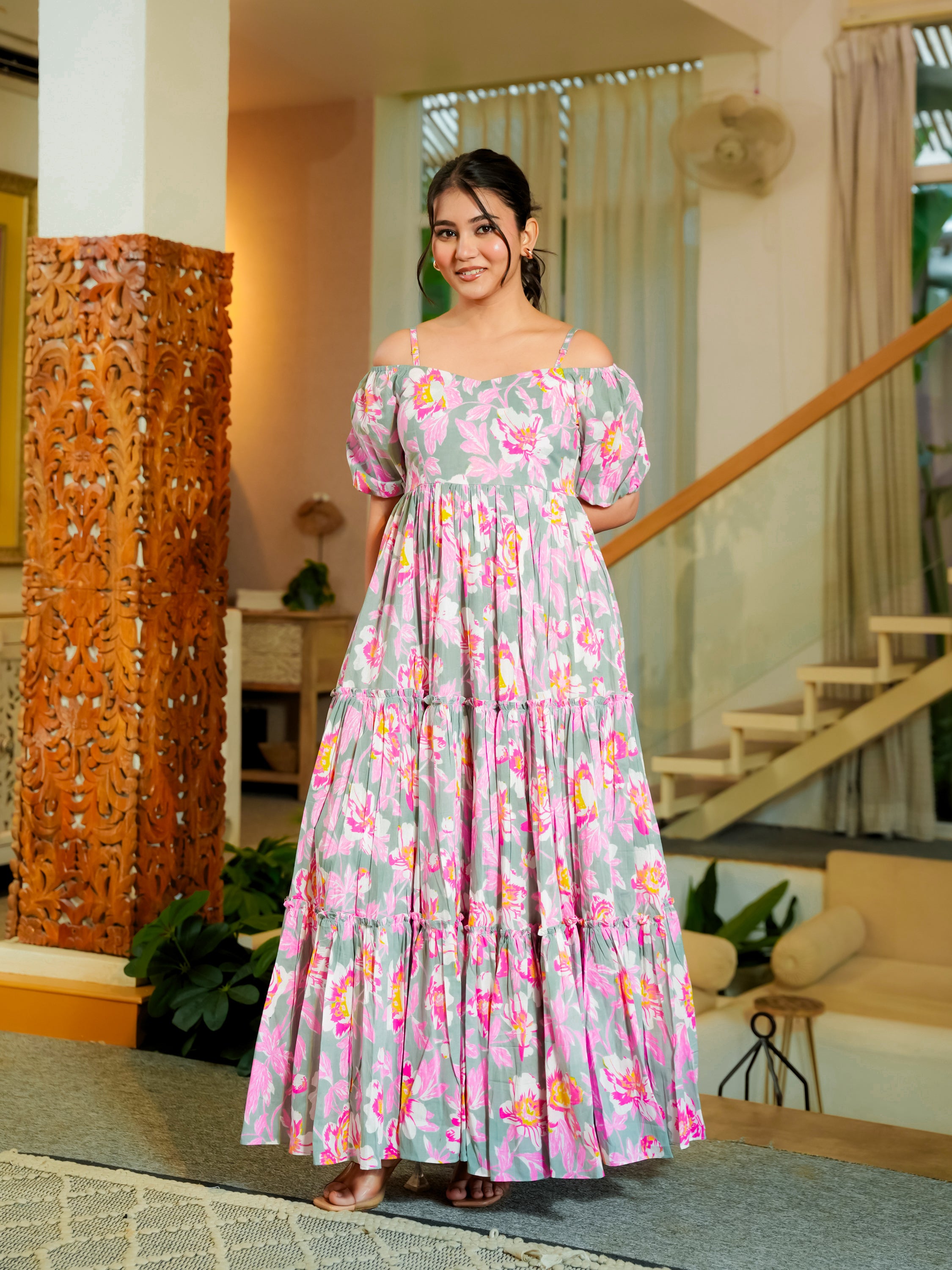 Garima Pink Cotton Floral Dress