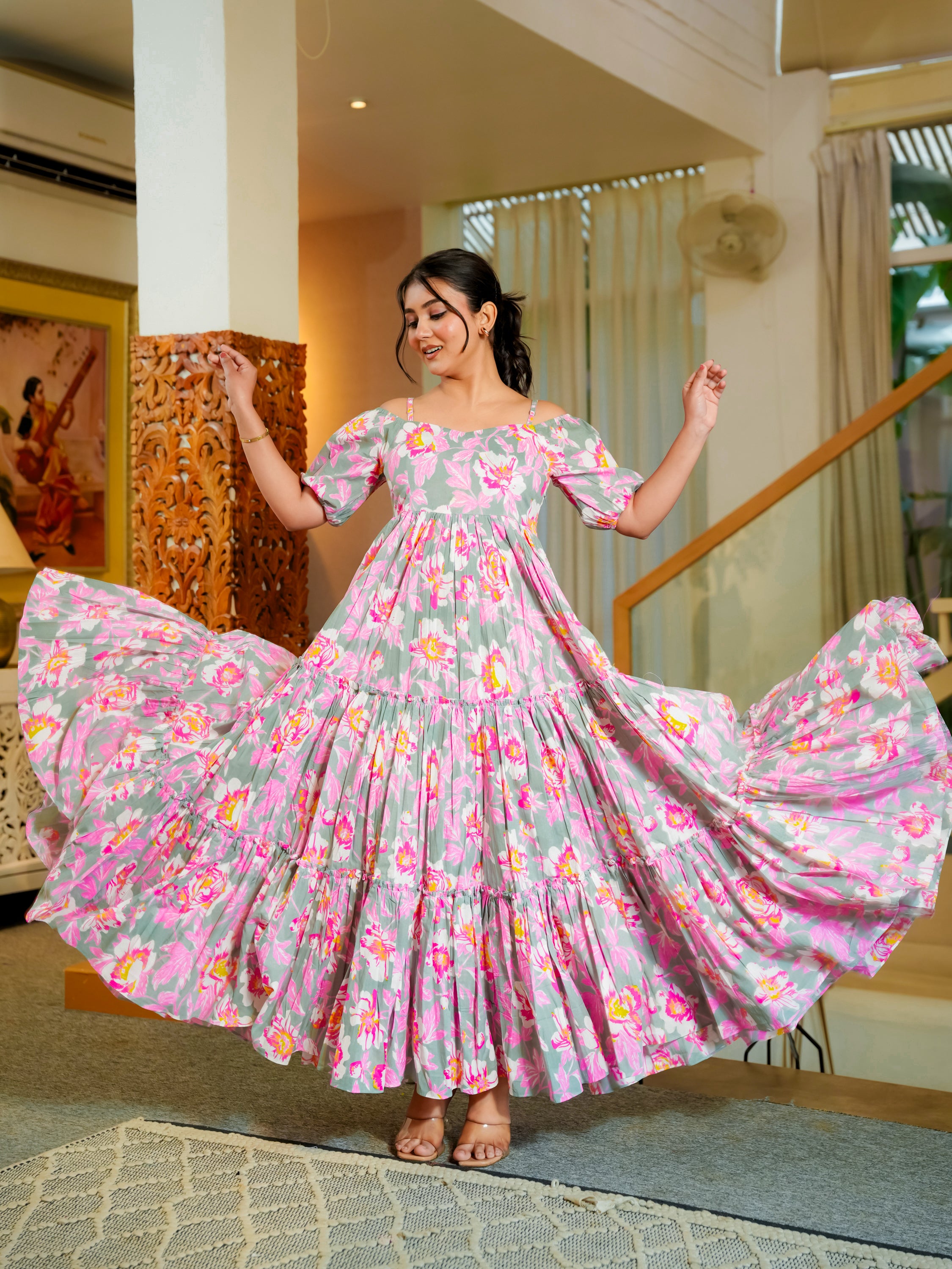 Garima Pink Cotton Floral Dress