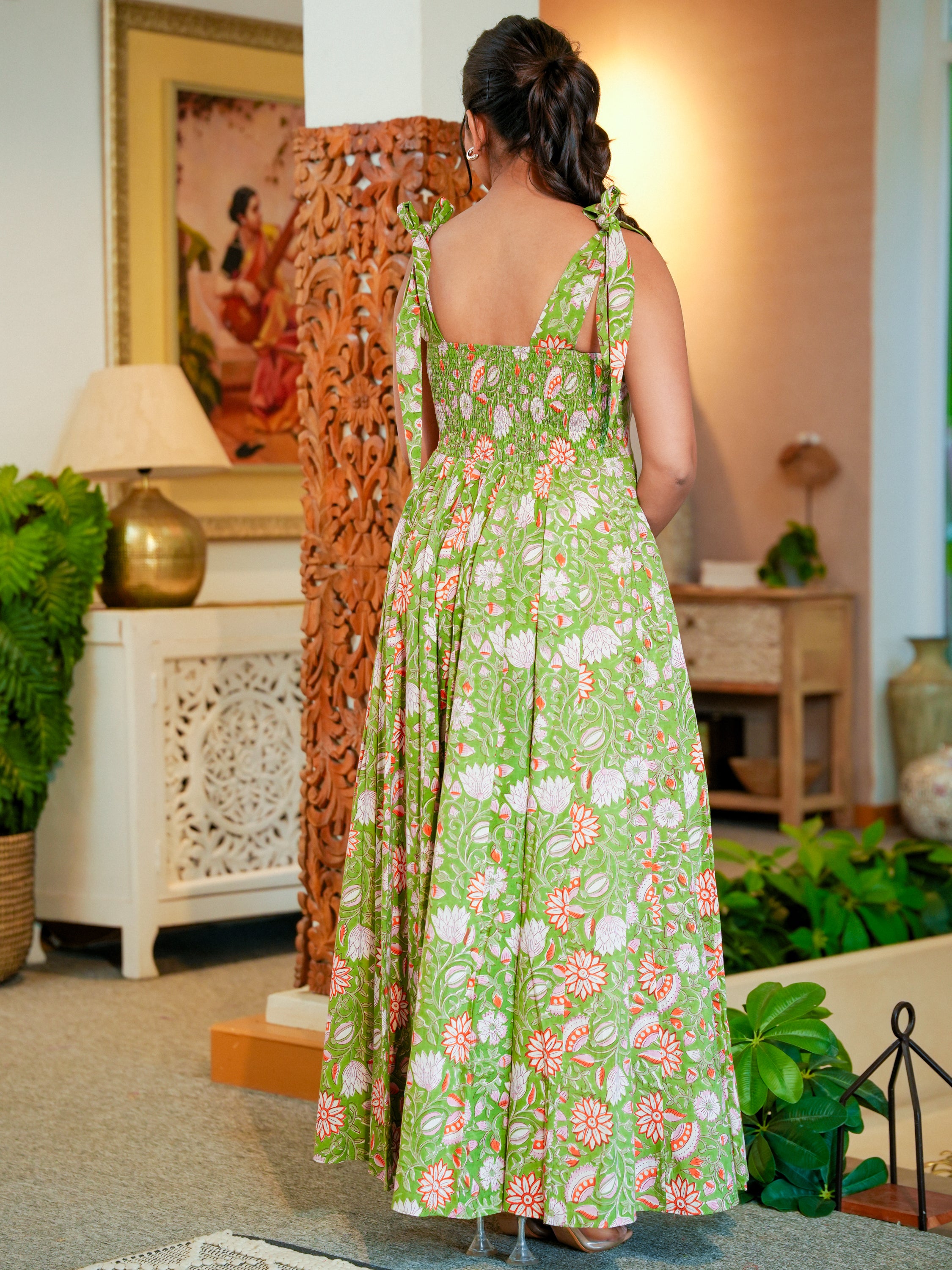 Green Deep back Floral Cotton Dress