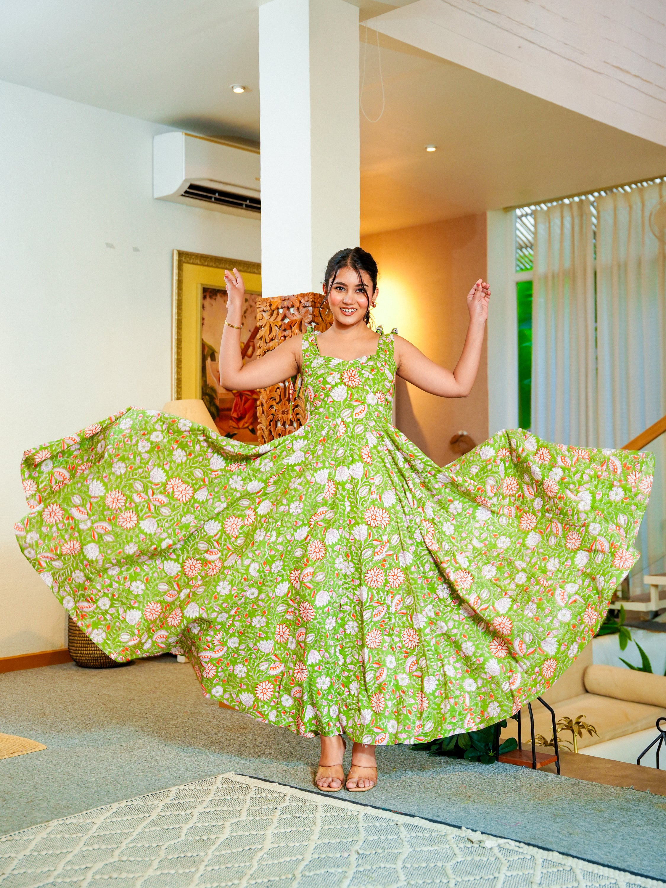 Green Deep back Floral Cotton Dress