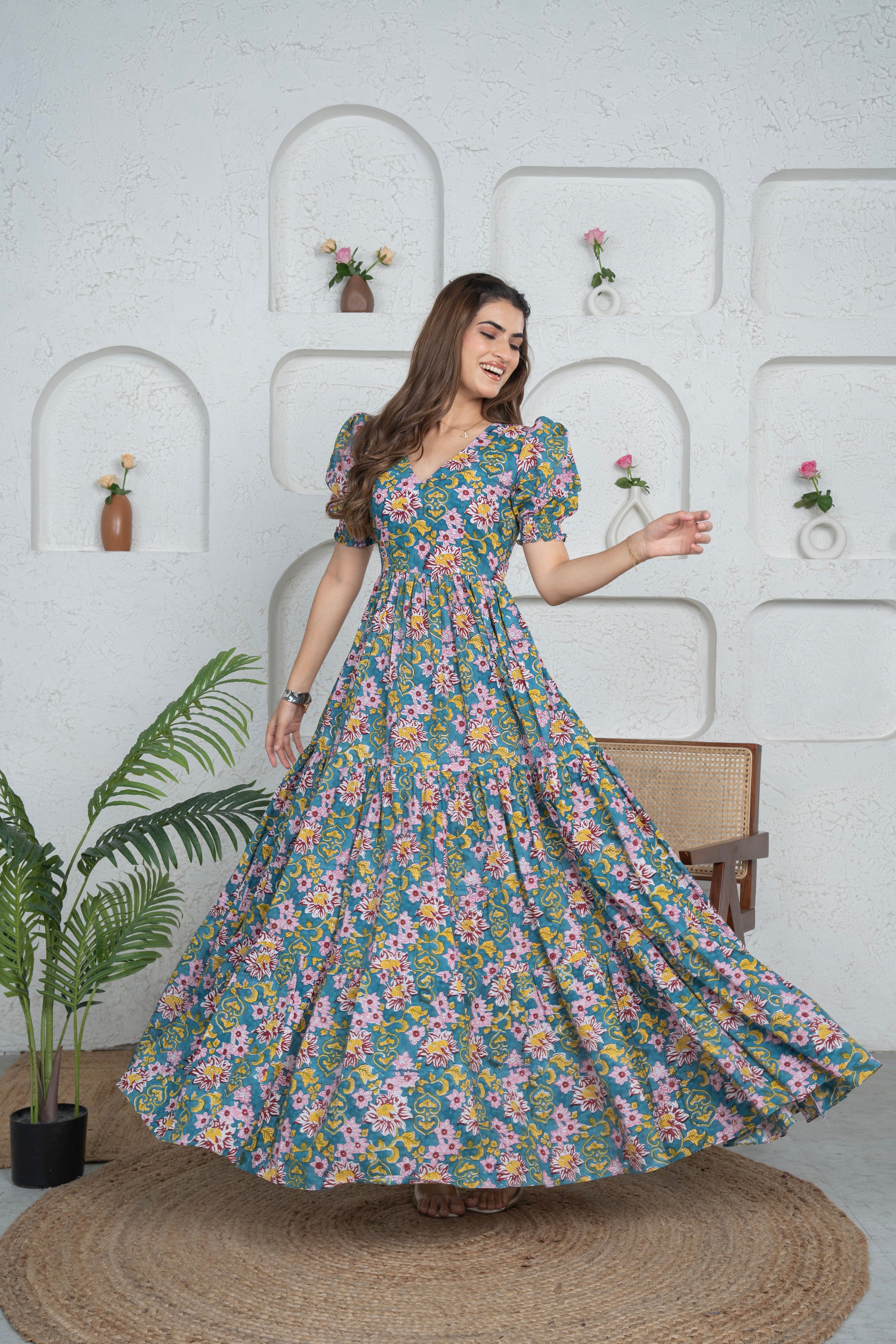 Bibbojaan Long Floral Cotton Tier Dress