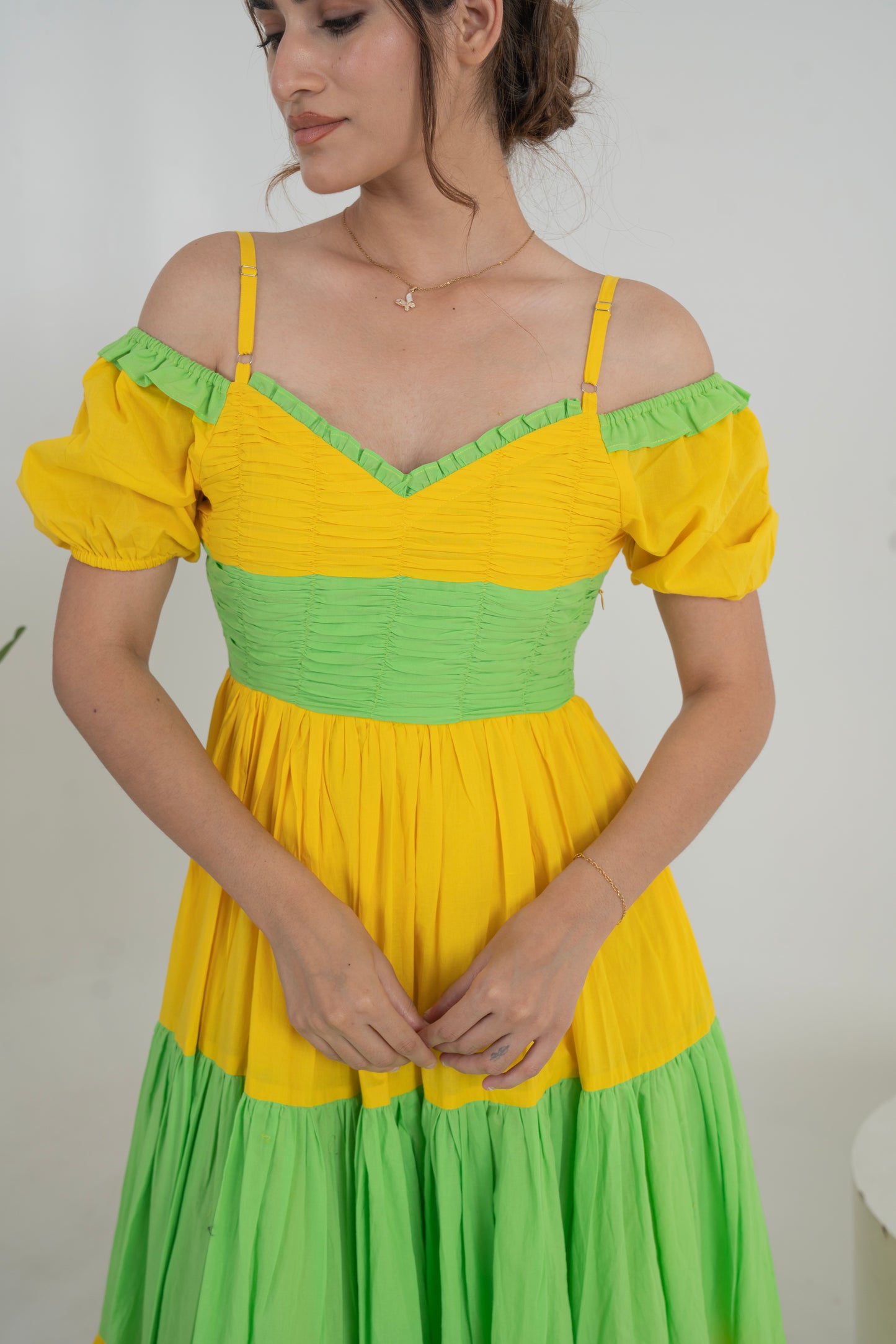 Mohey Solid Yellow Green Cotton Long Tier Dress