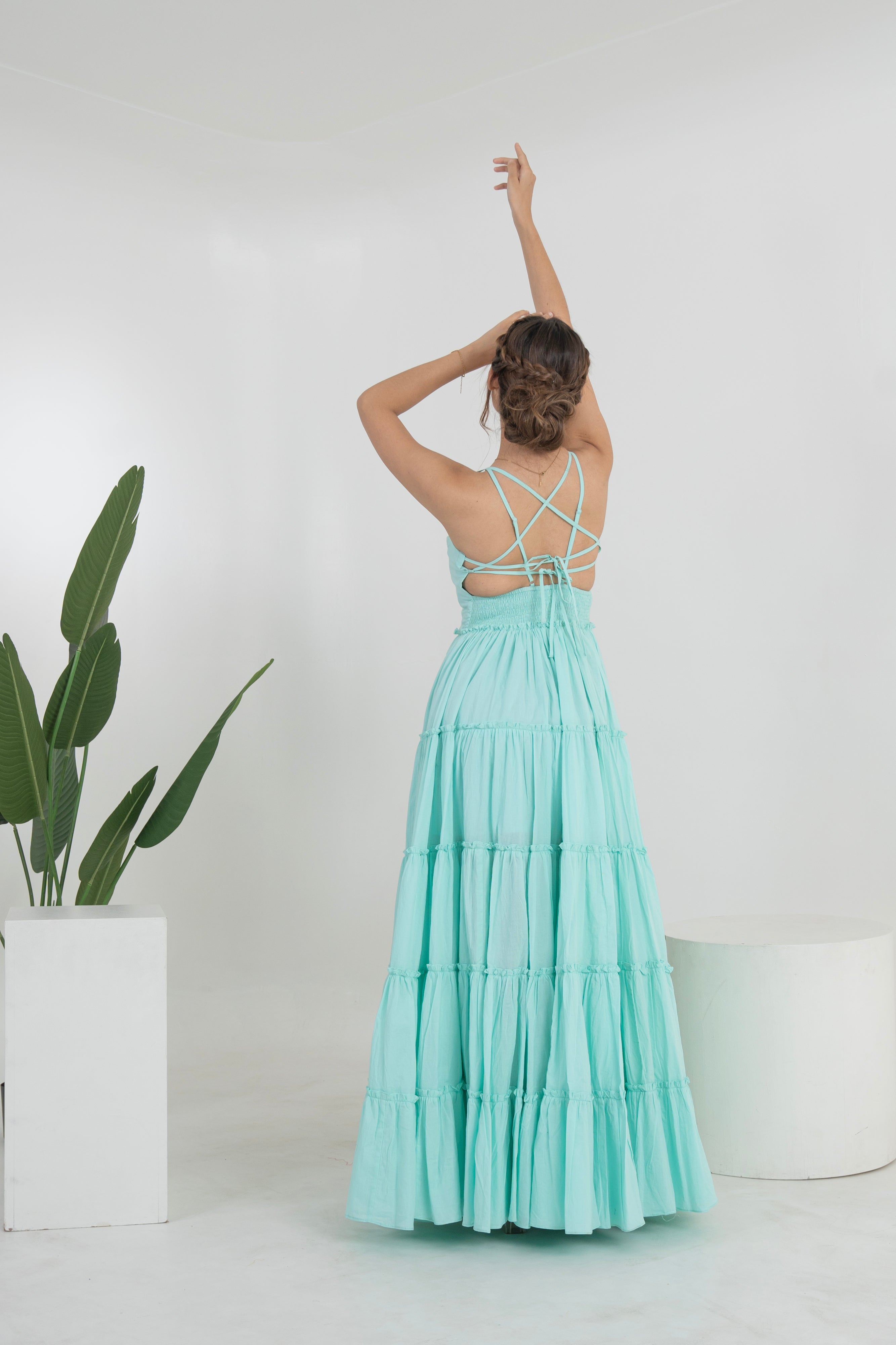 Cyan Solid Backless Cotton Long Tier Dress