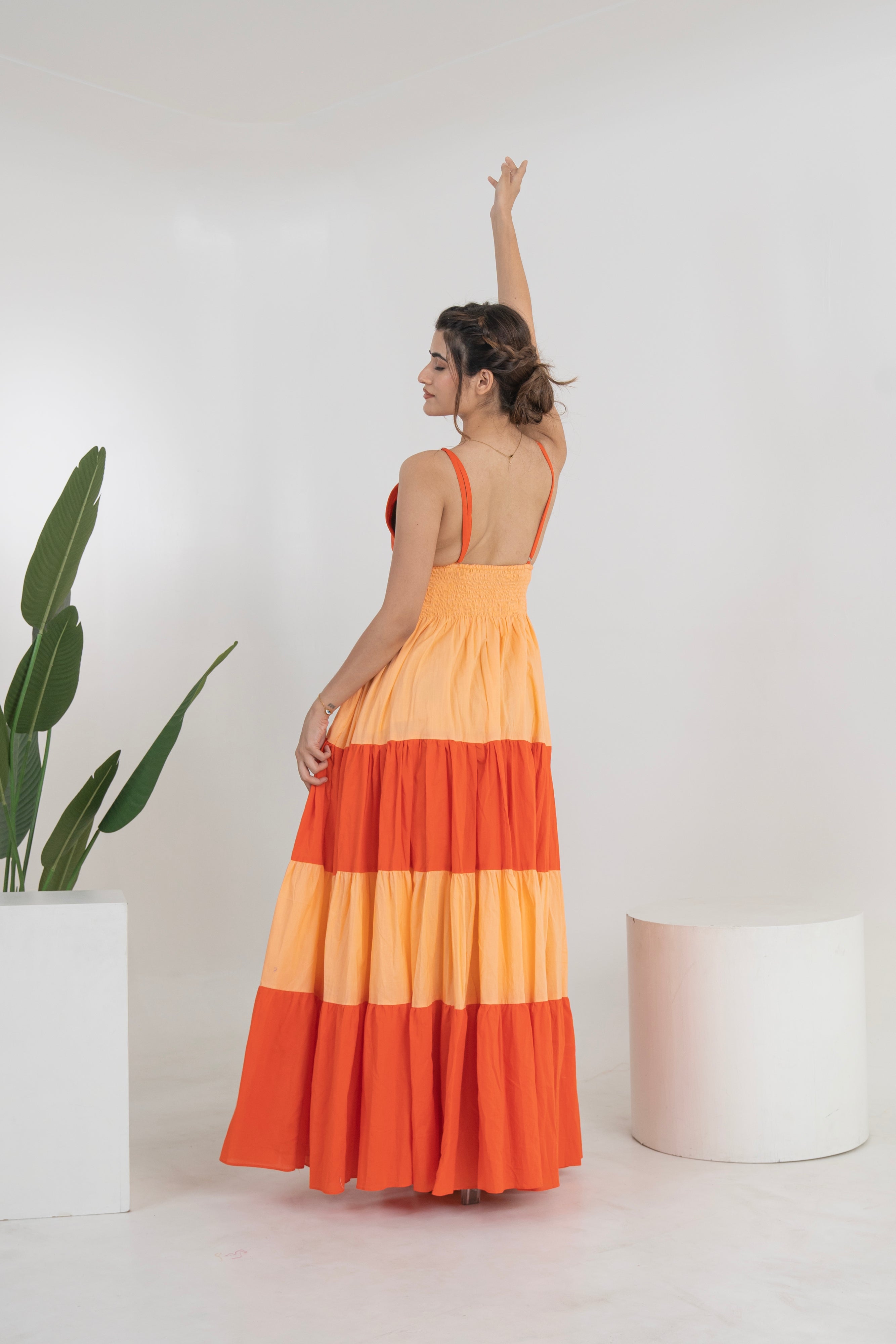 Egowali Solid Orange Cotton Long Dress