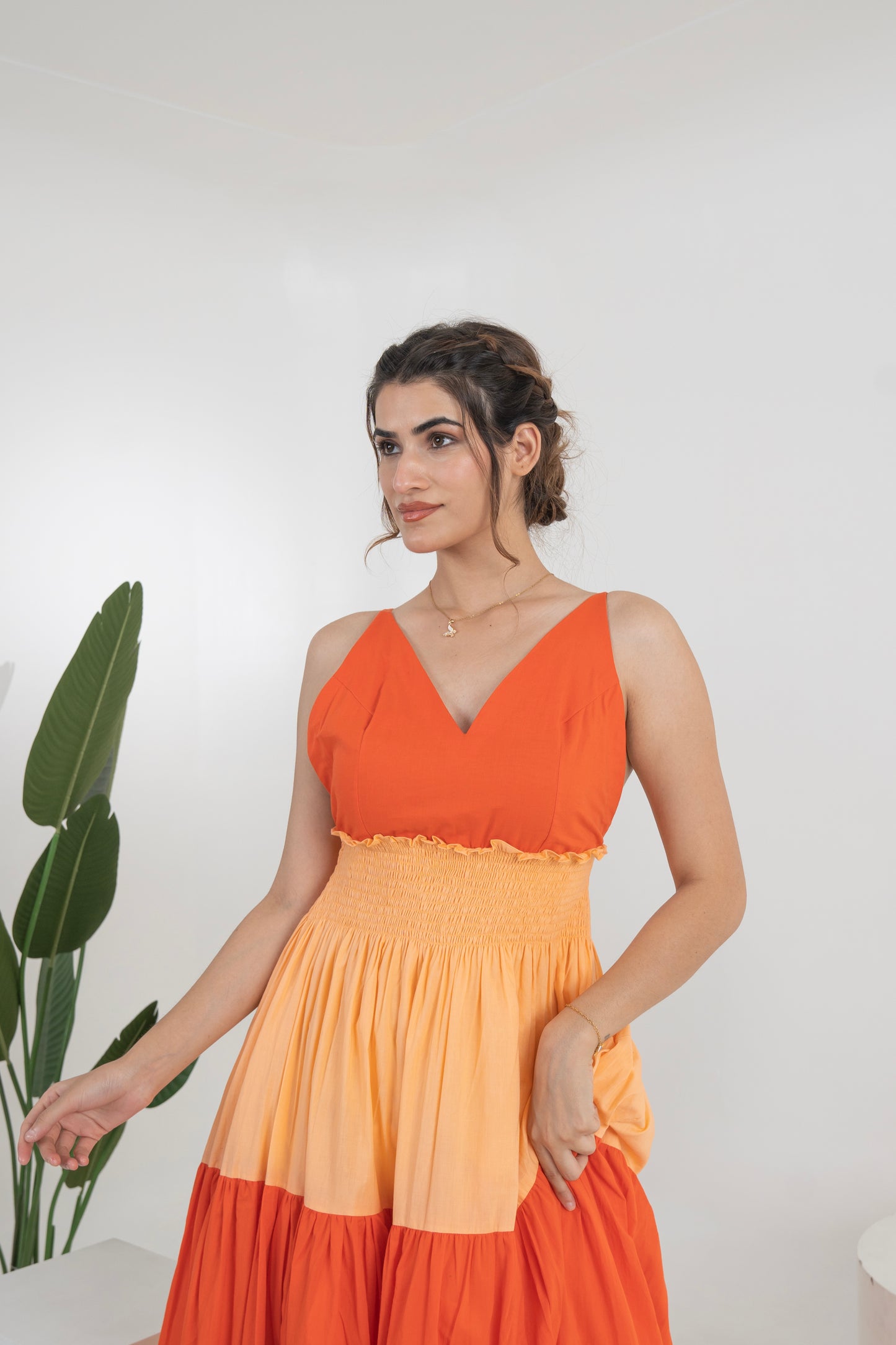Egowali Solid Orange Cotton Long Dress