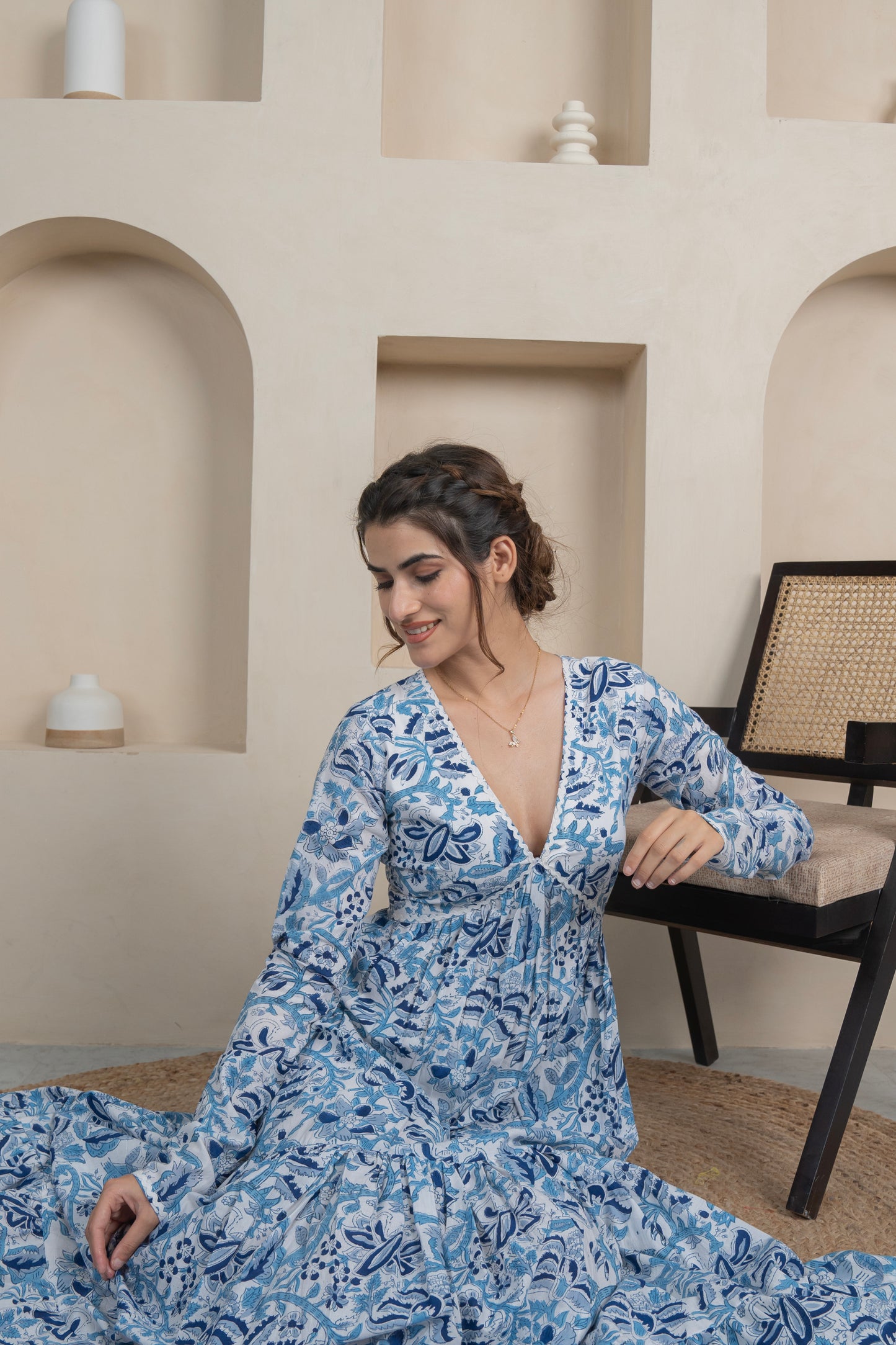 Blue Floral Aaliya Long Tier Dress