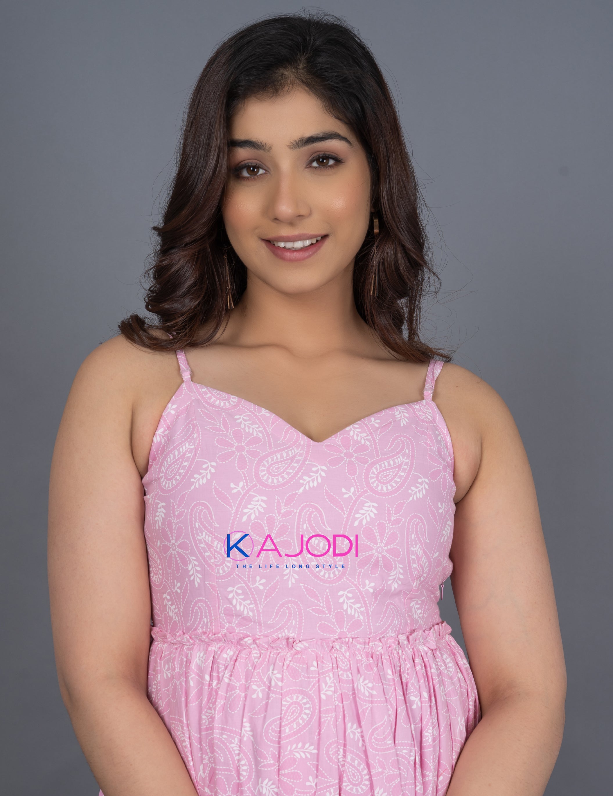 Nargis Pink Printed Cotton Long Dress