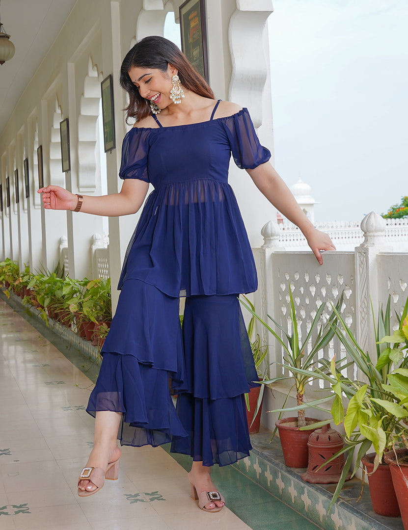 Rojiya Blue Georgette Sharara Tier Set (Two Nos in One Set)