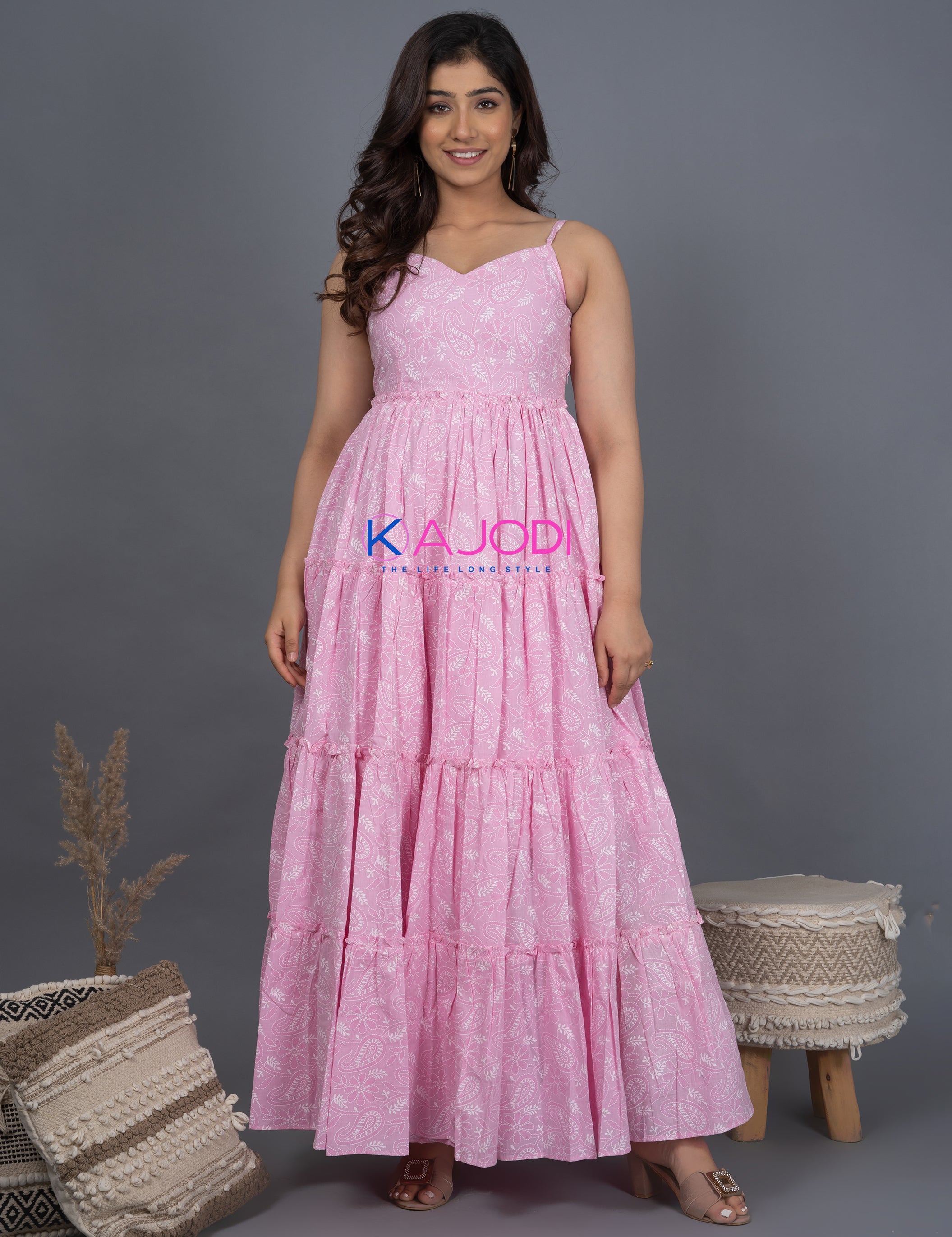 Nargis Pink Printed Cotton Long Dress