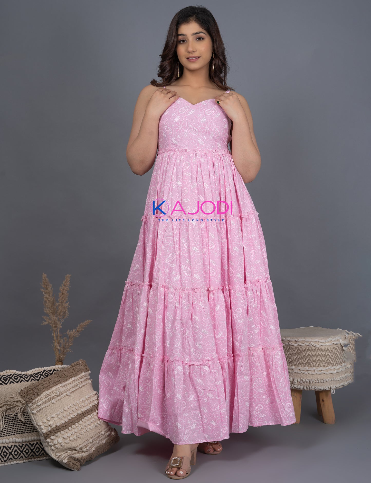Nargis Pink Printed Cotton Long Dress