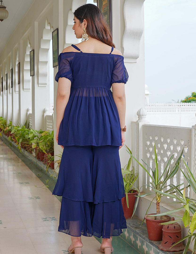 Rojiya Blue Georgette Sharara Tier Set (Two Nos in One Set)