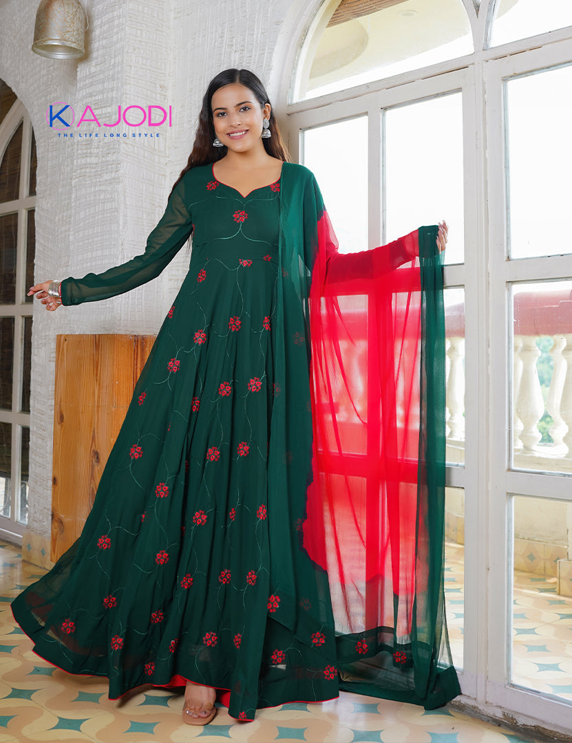 Bottle Green Georgette Embroidered Long Dress (Two Nos in One Set) Bottle Green Georgette Embroidered Long Dress (Two Nos in One Set)