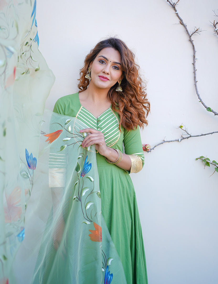 Mehndi Fusion Dress With Dupatta (2 Nos in 1 Set)