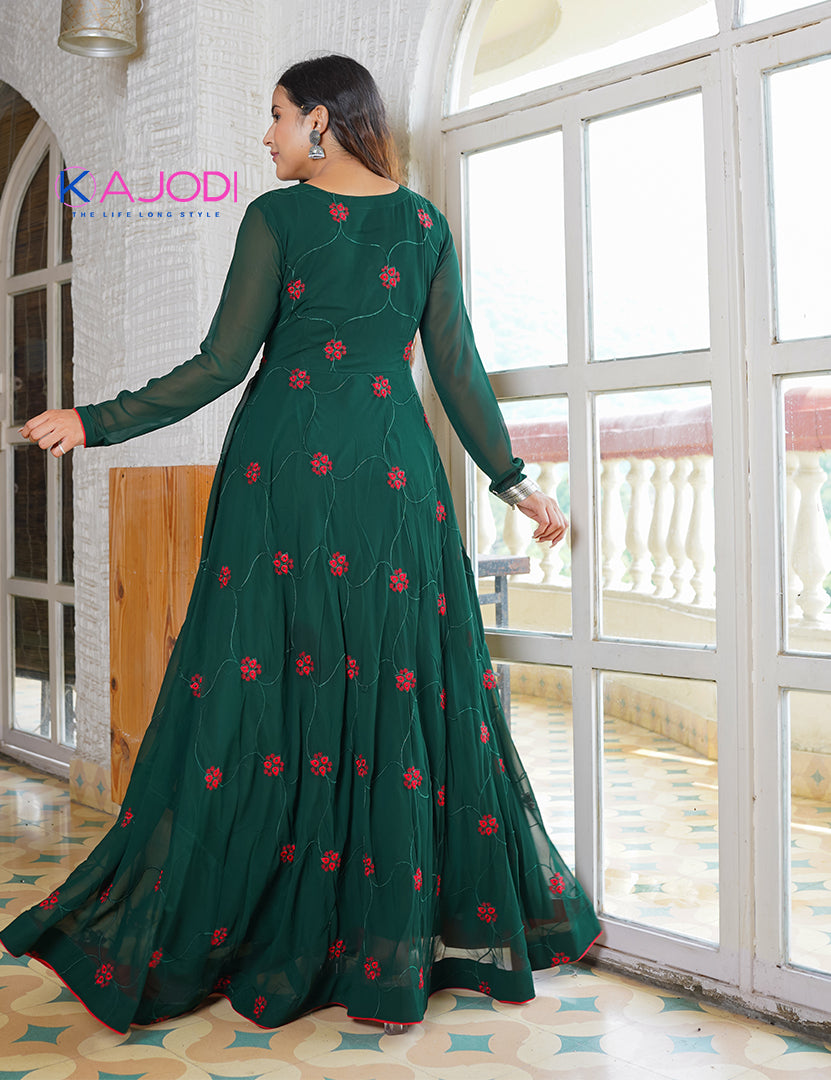 Bottle Green Georgette Embroidered Long Dress (Two Nos in One Set)