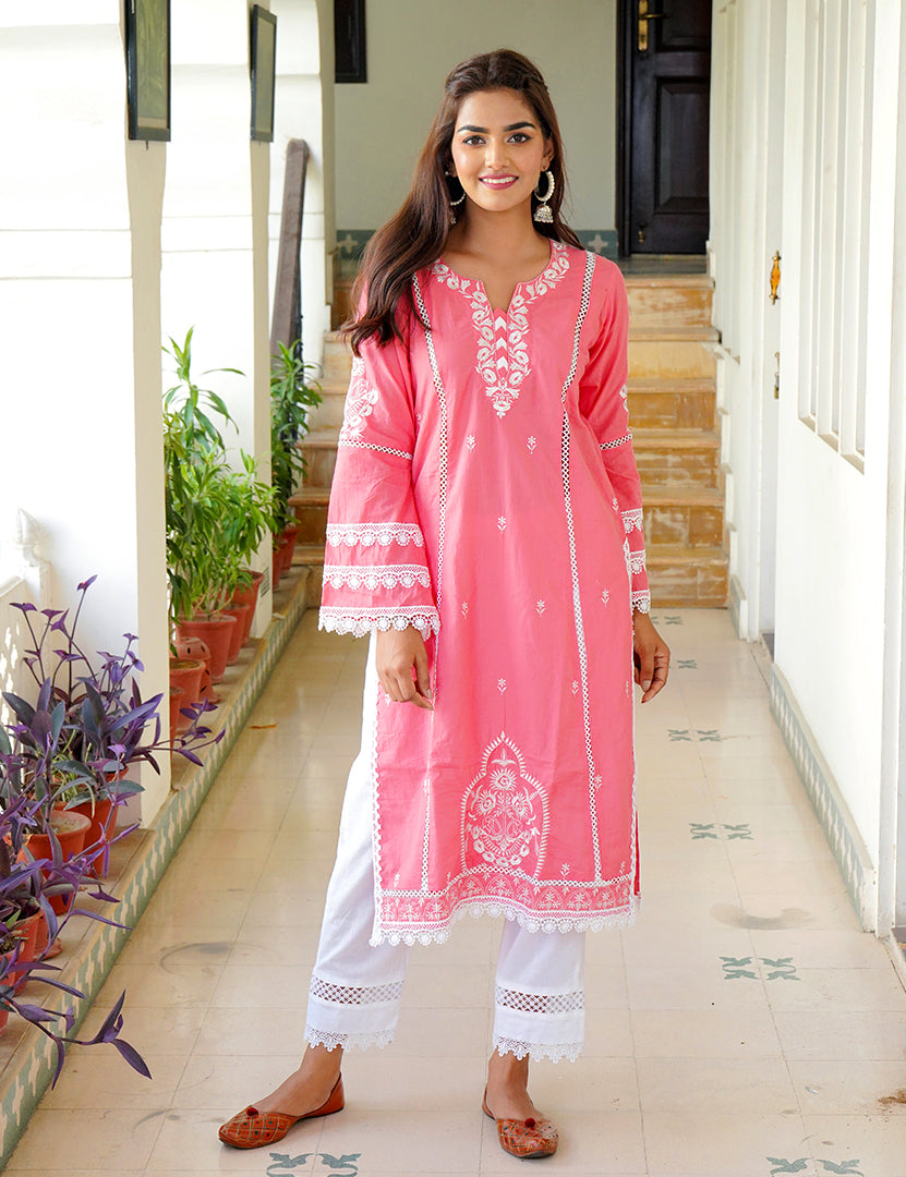 Pink Dark Kajodi Cotton Embroidery Kurta with Pant(2 Nos in 1 Set)