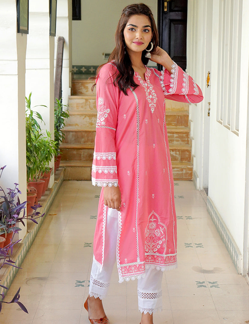 Pink Dark Kajodi Cotton Embroidery Kurta with Pant(2 Nos in 1 Set)