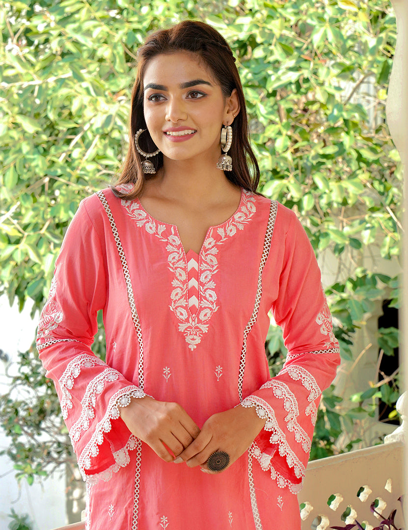 Pink Dark Kajodi Cotton Embroidery Kurta with Pant(2 Nos in 1 Set)