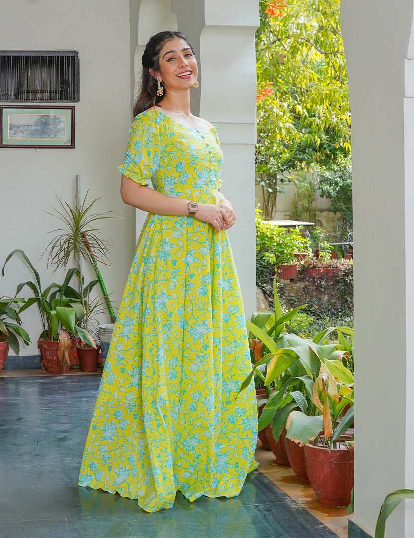 Neon Green Floral Print Long Dress