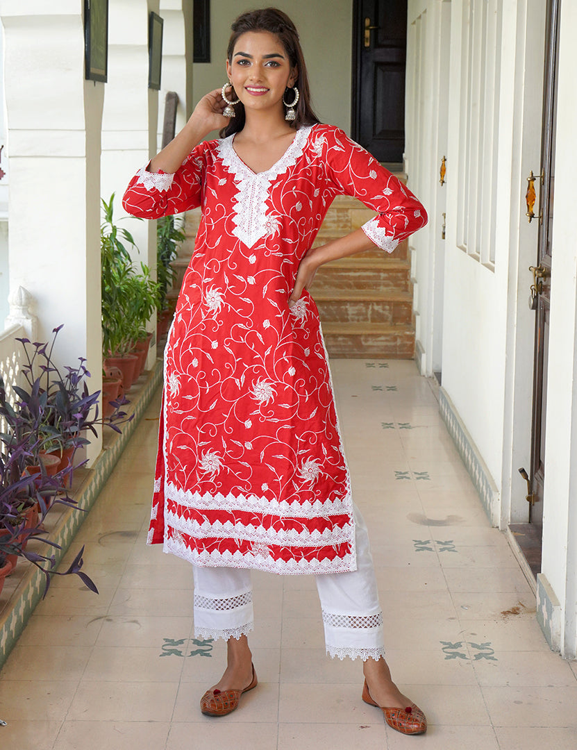 Red Kajodi Cotton Embroidery Kurta with Pant(2 Nos in 1 Set)