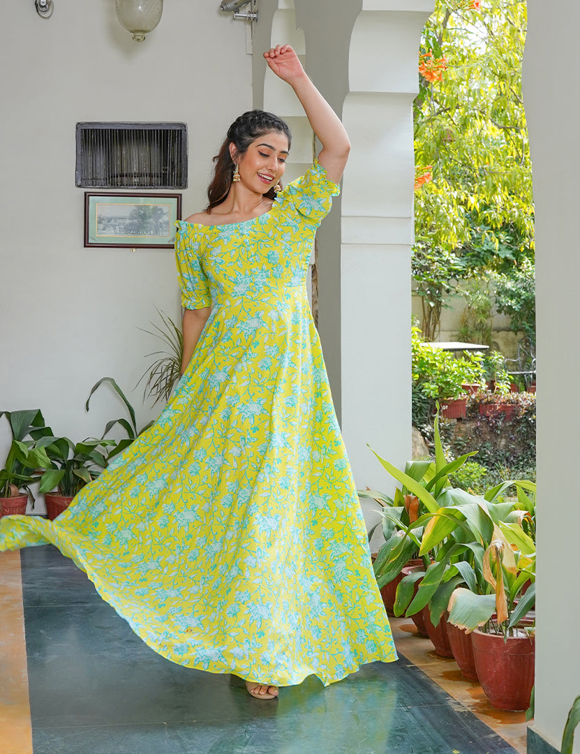 Neon Green Floral Print Long Dress Neon Green Floral Print Long Dress