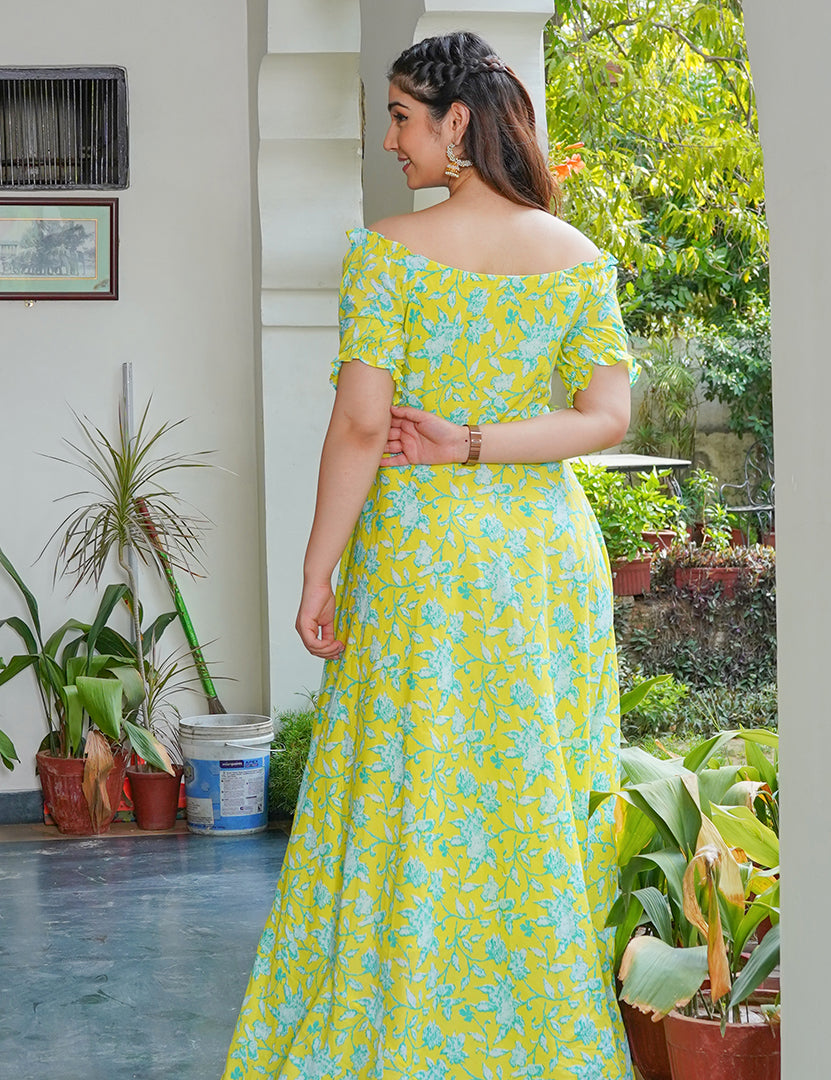 Neon Green Floral Print Long Dress