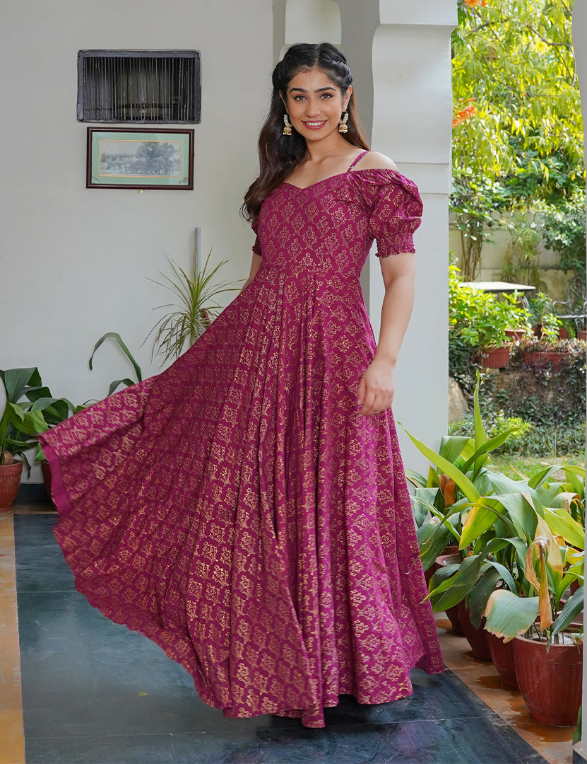 Lotus Print Golden Long Dress Lotus Print Golden Long Dress