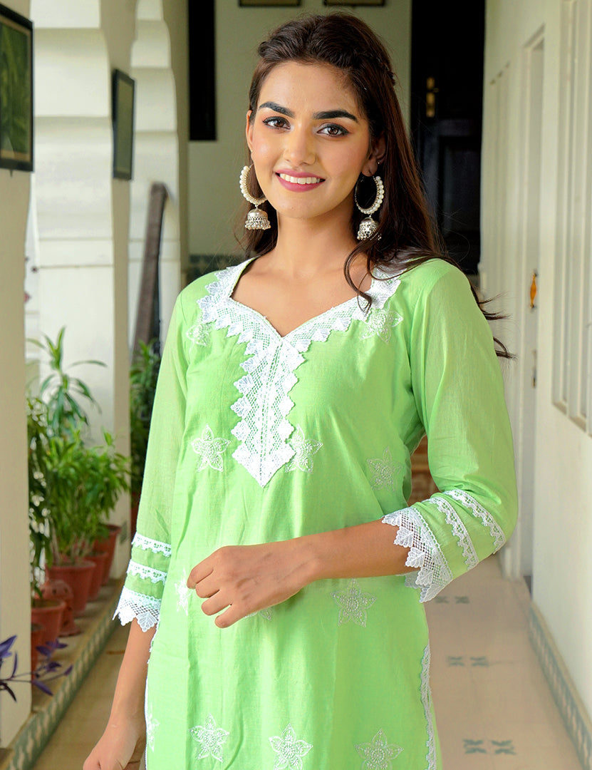 Sea Green  Kajodi Cotton Embroidery Kurta with Pant(2 Nos in 1 Set)