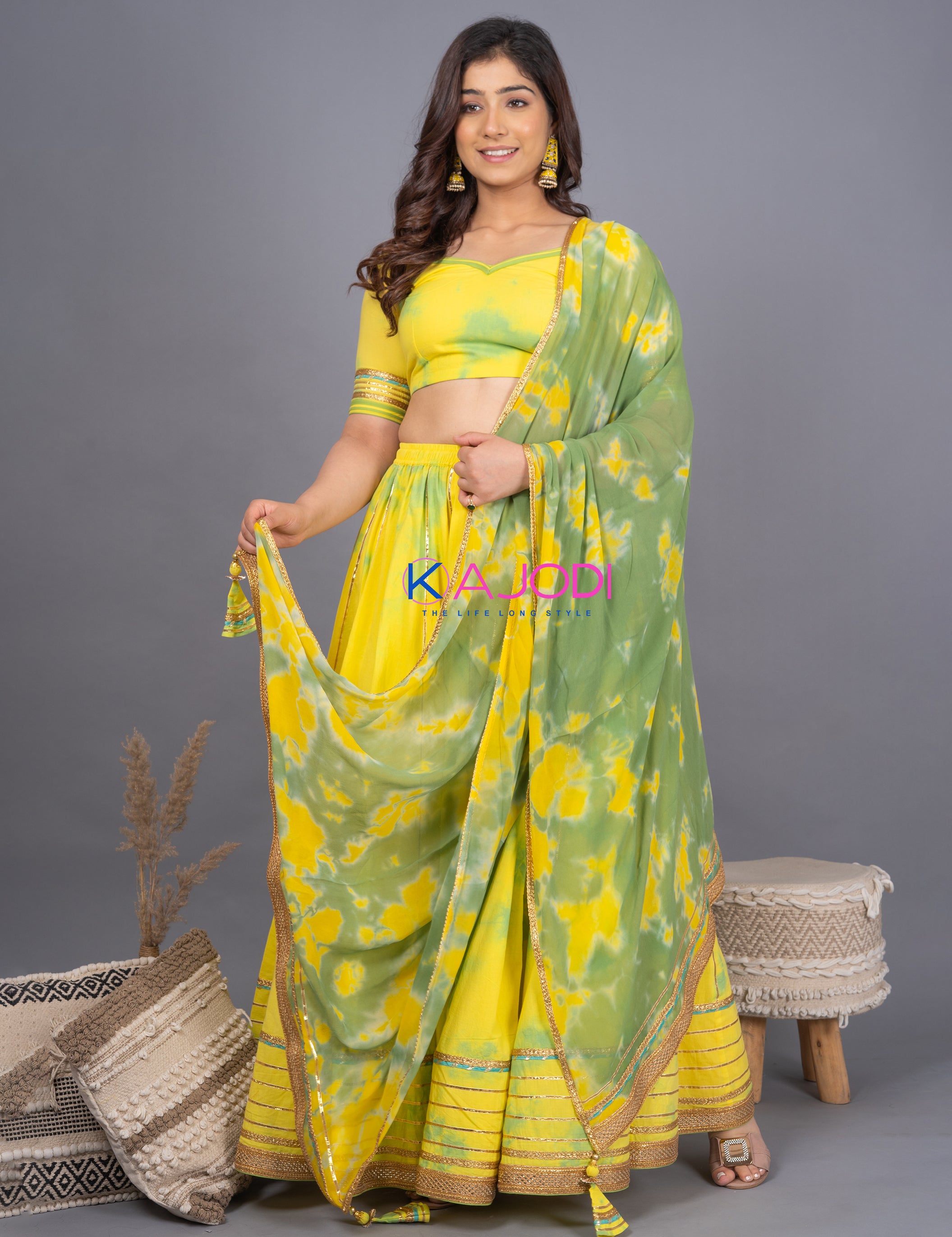 Gangaur Yellow Green Lehenga Set