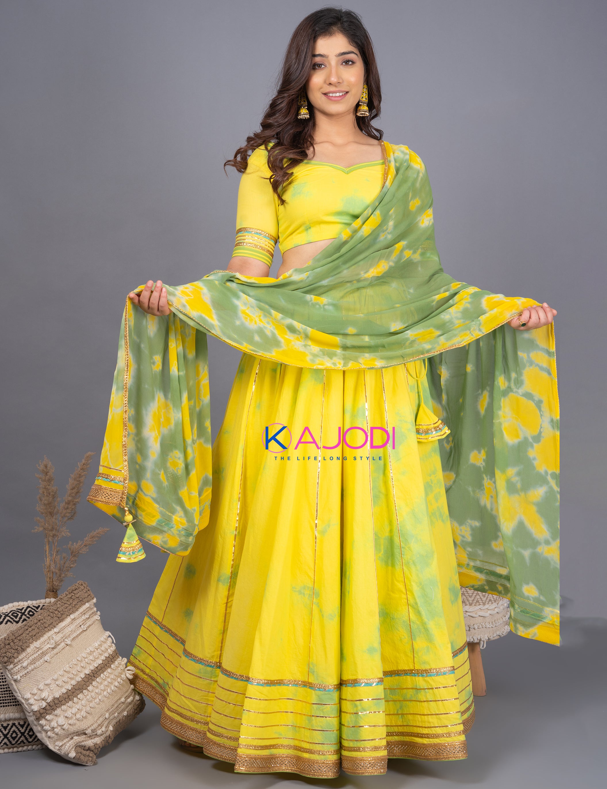 Gangaur Yellow Green Lehenga Set