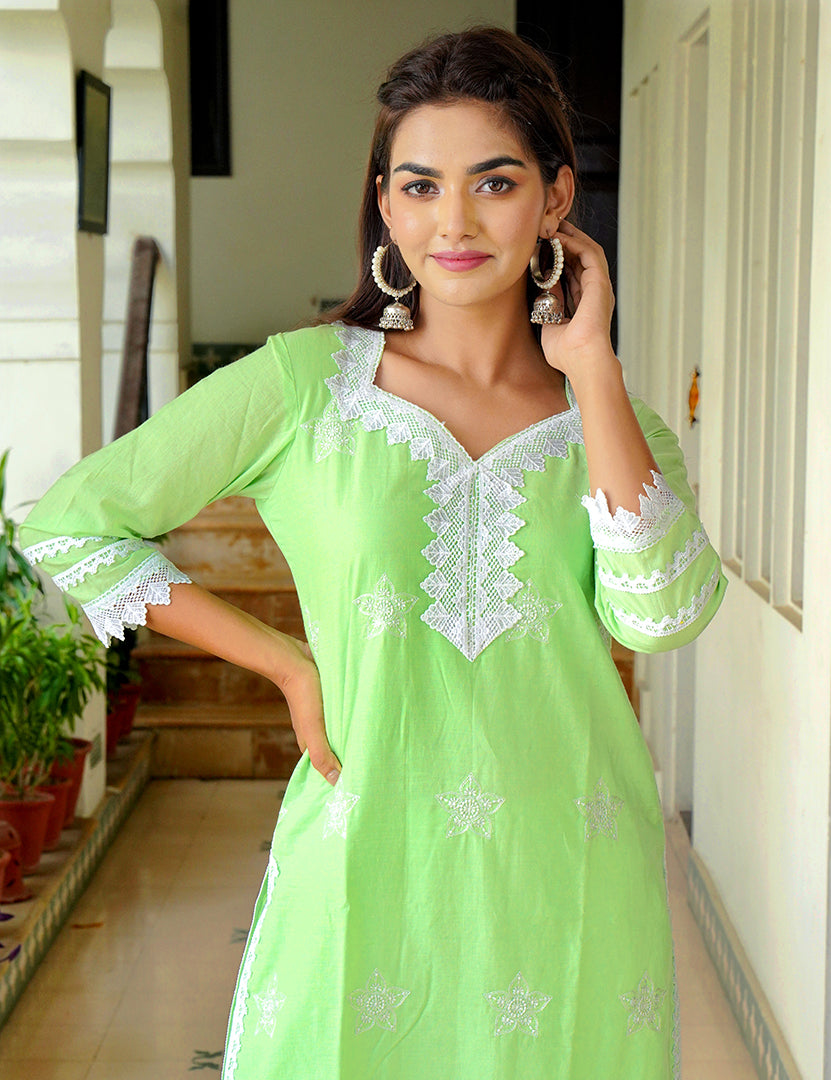 Sea Green Kajodi Cotton Embroidery Kurta with Pant(2 Nos in 1 Set)