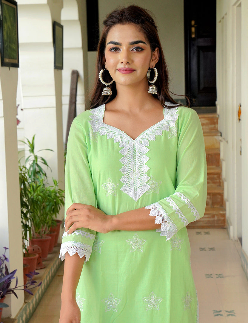 Sea Green Kajodi Cotton Embroidery Kurta with Pant(2 Nos in 1 Set)