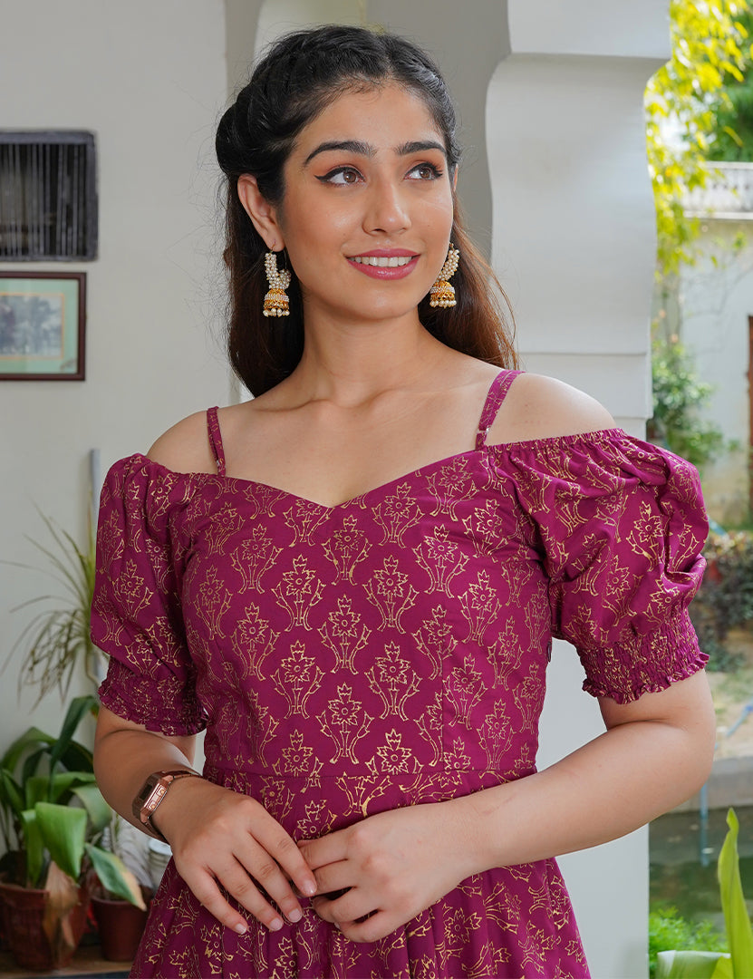 Lotus Print Golden Long Dress