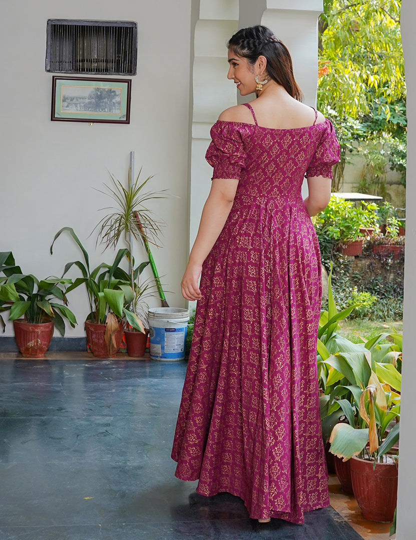 Lotus Print Golden Long Dress