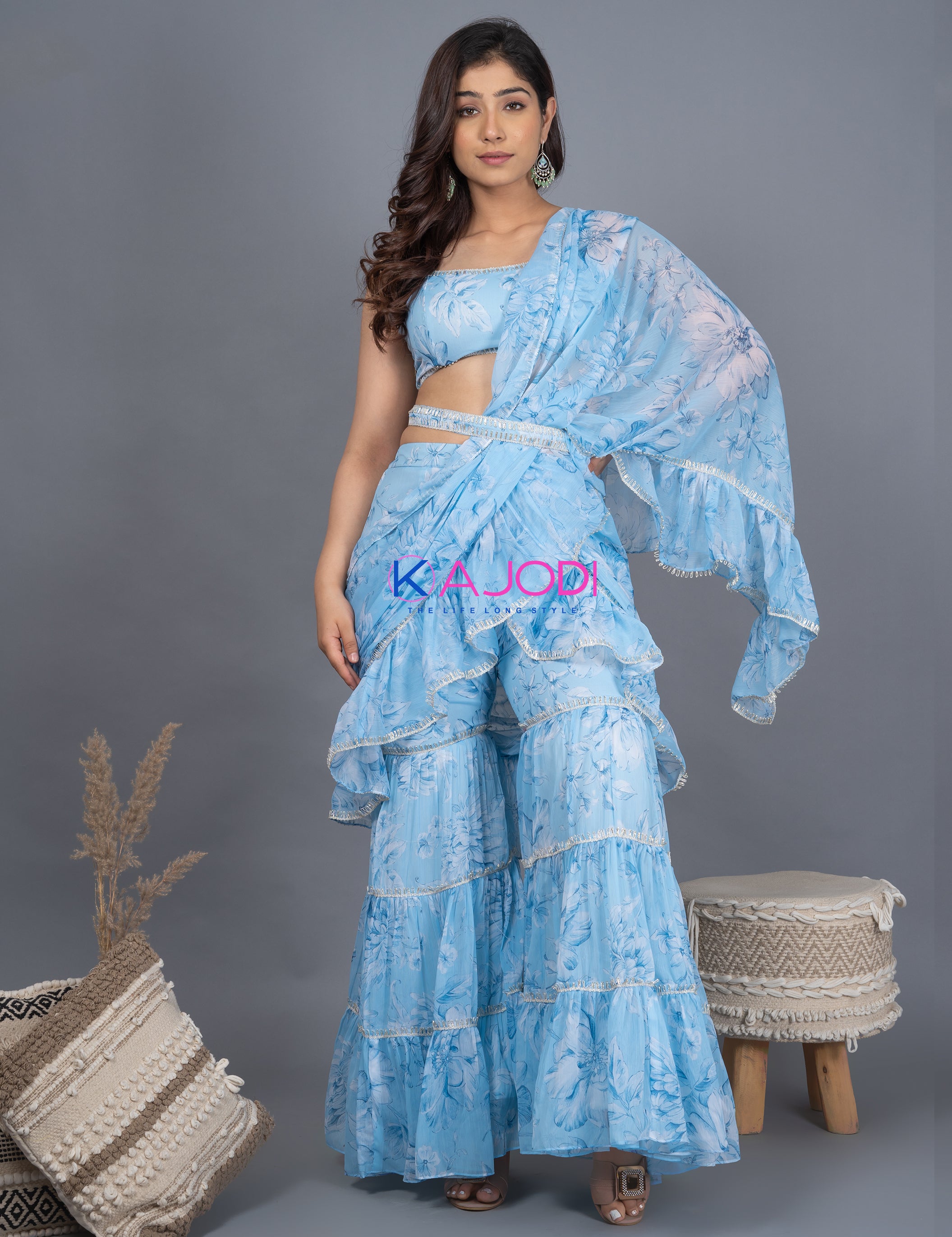 Panihari Draped Chiffon Saree Set