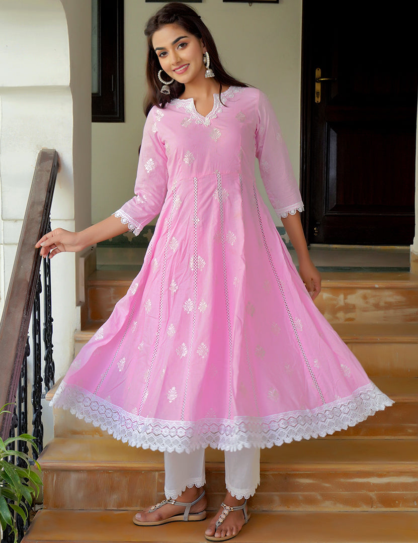 Light Pink  Kajodi Cotton Embroidery Anarkali Kurta with Pant(2 Nos in 1 Set)