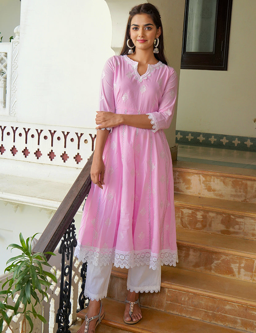 Light Pink  Kajodi Cotton Embroidery Anarkali Kurta with Pant(2 Nos in 1 Set)