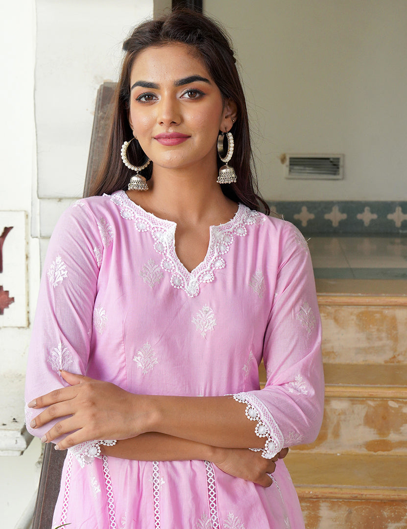 Light Pink Kajodi Cotton Embroidery Anarkali Kurta with Pant(2 Nos in 1 Set)